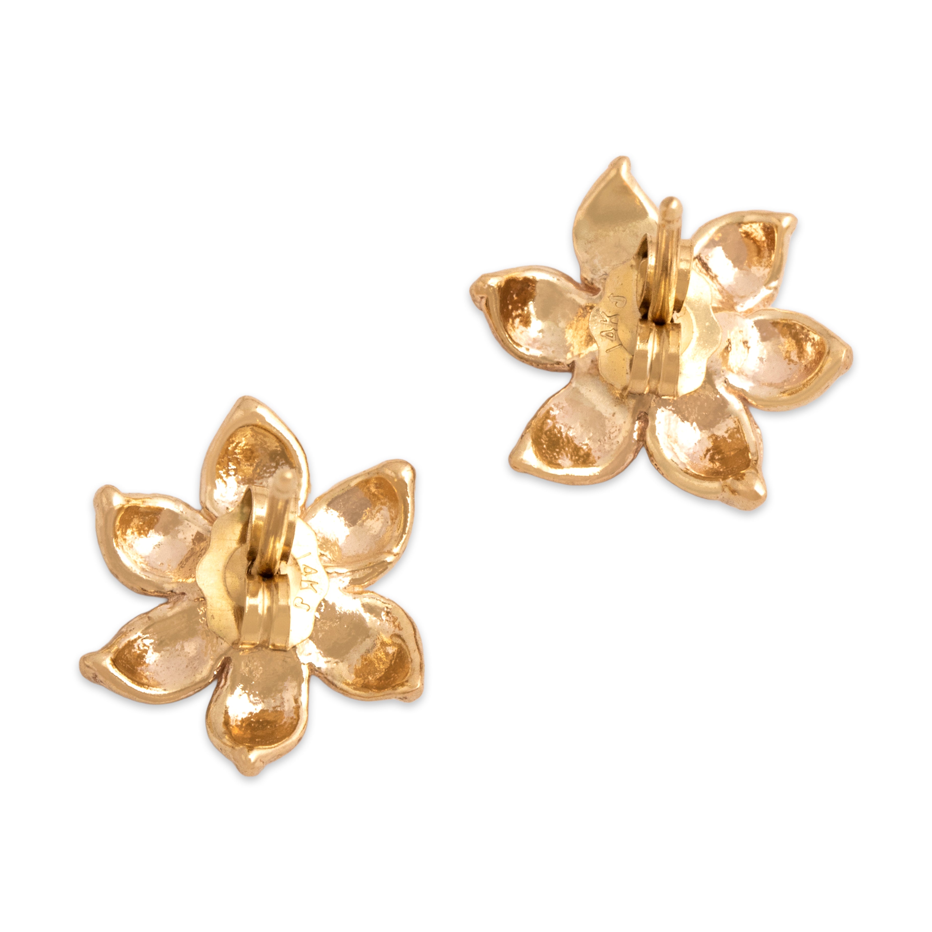 Vintage 14k Yellow Gold Diamond Blooming Tropical Flower Stud Earrings - Back view