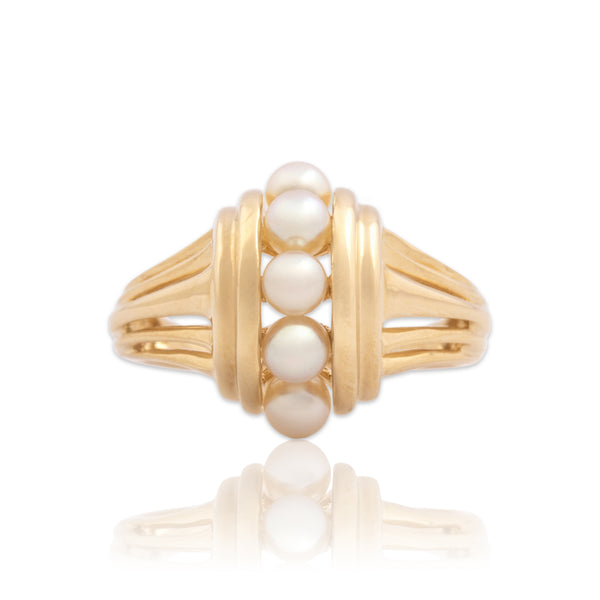 Vintage 14k Yellow Gold Pearl Architectural Elegant Luminous Line Ring 5.75