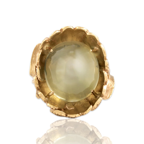 Vintage Large 14k Yellow Gold 16.82ct Green Moonstone Bloom Cocktail Ring 7.50