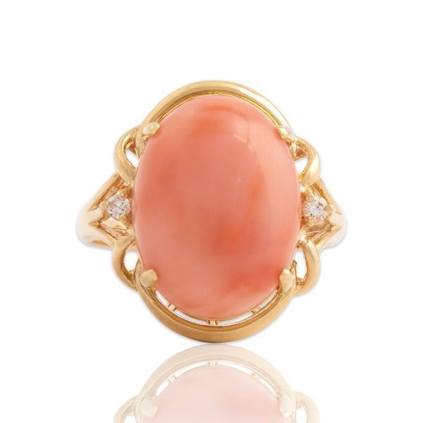 Vintage 14k Yellow Gold Coral Diamond Bright Swirling Cabochon Ring 7.00