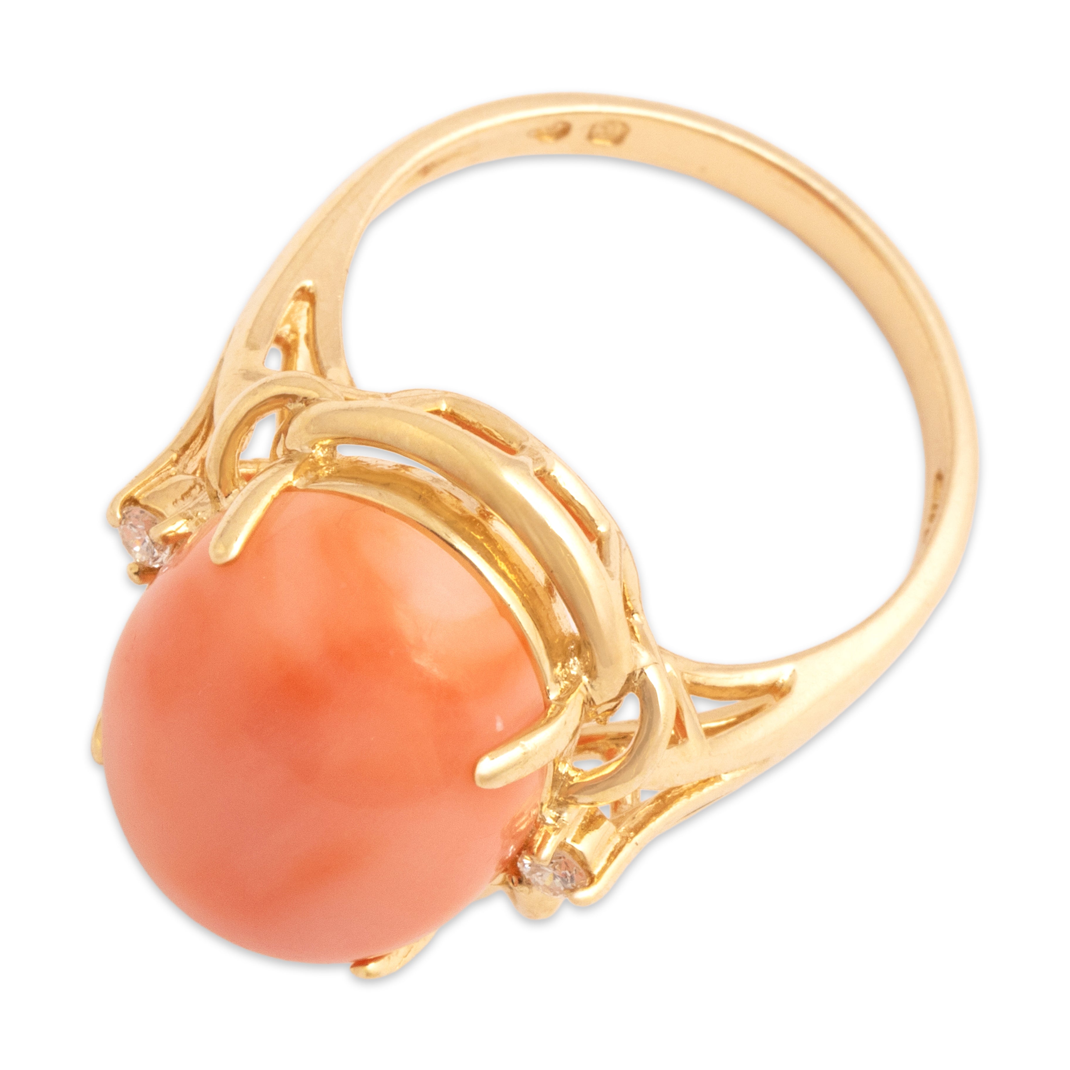 Vintage 14k Yellow Gold Diamond Coral Bright Swirling Cabochon Ring - Overall view