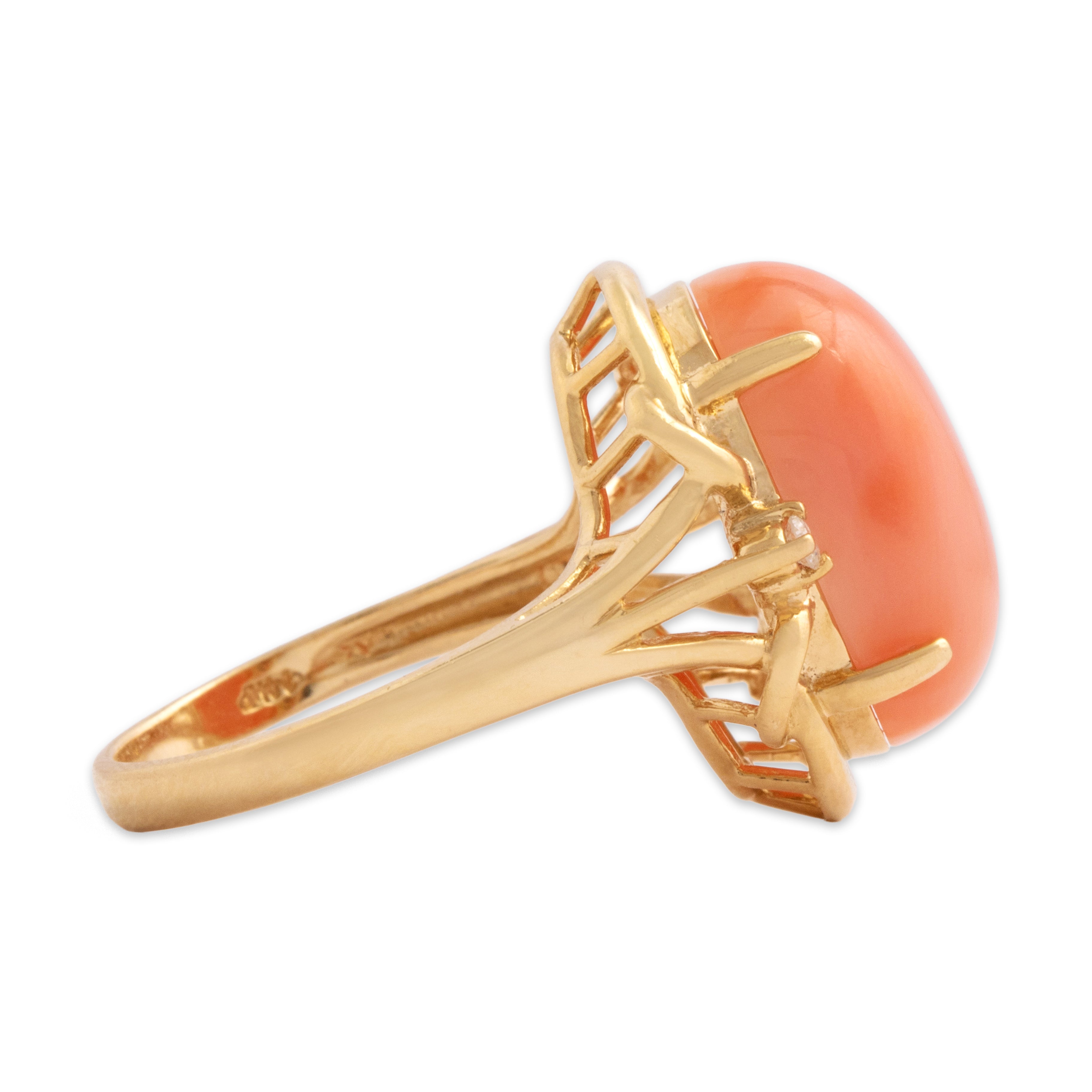 Vintage 14k Yellow Gold Diamond Coral Bright Swirling Cabochon Ring - Side view