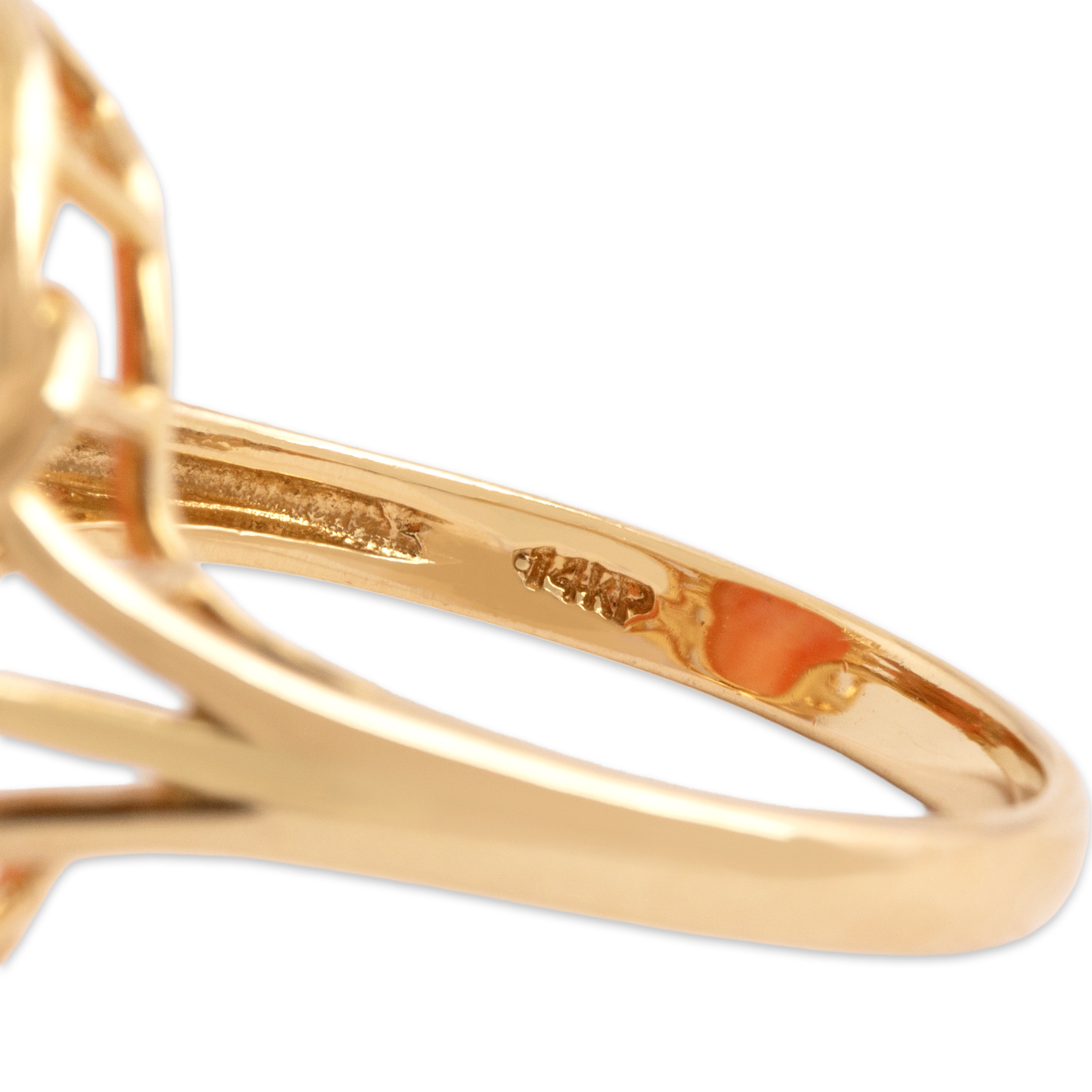 Vintage 14k Yellow Gold Diamond Coral Bright Swirling Cabochon Ring - Hallmark view