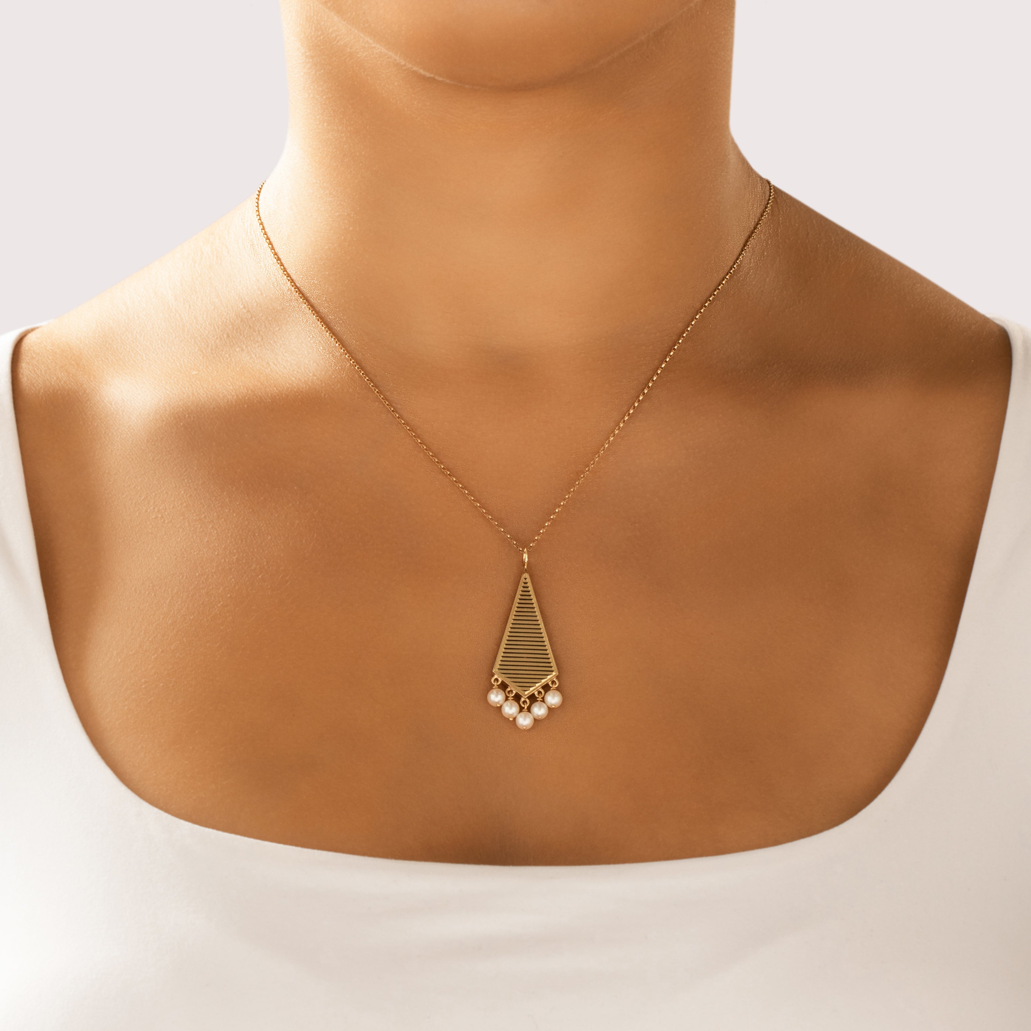 Vintage Large 14k Yellow Gold Pearl Angular Dangle Pendant - On model view