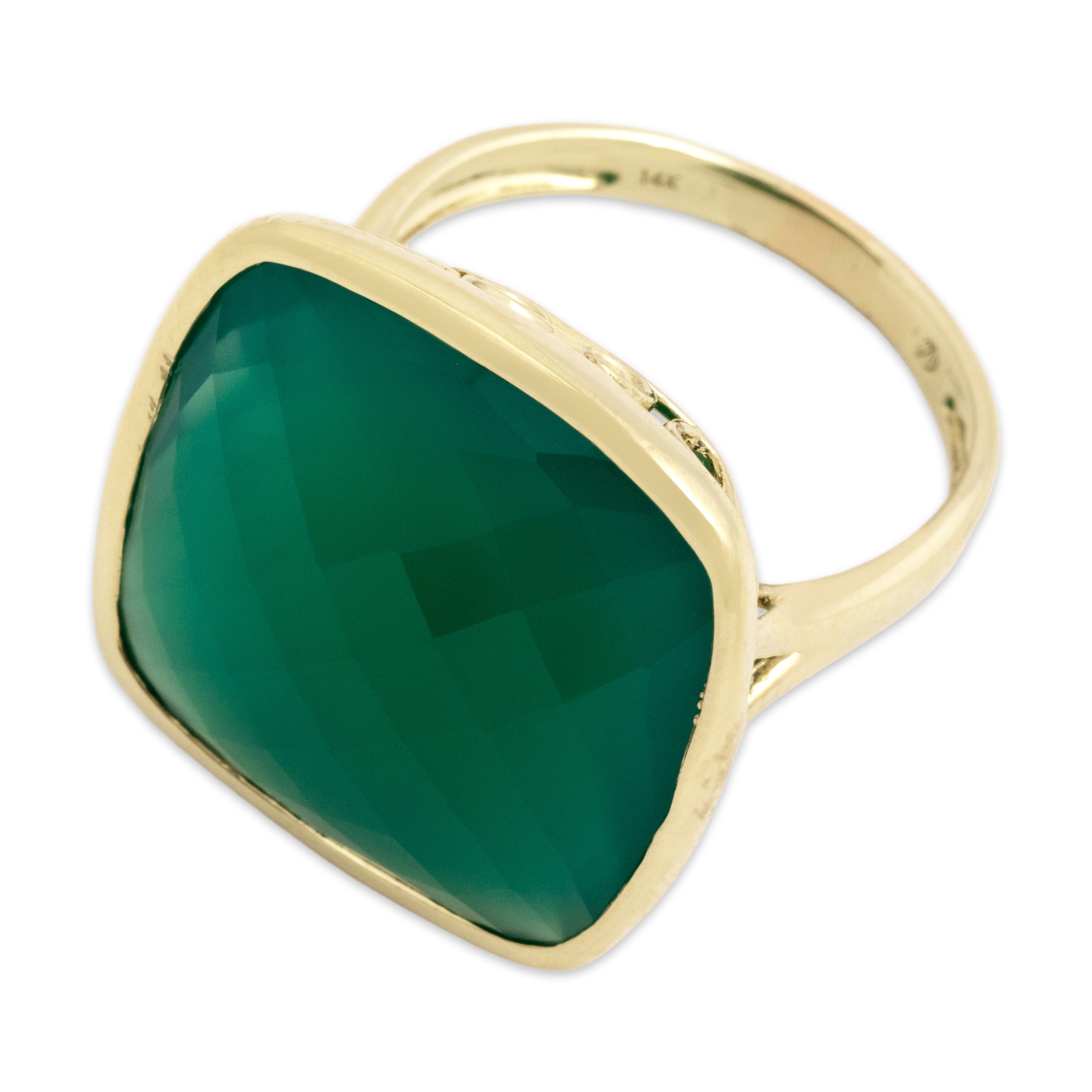 Estate 14k Yellow Gold 16.32ct Green Chalcedony Oversized Glittering Checkerboard Swirling Basket Setting Cocktail Ring - Overall view