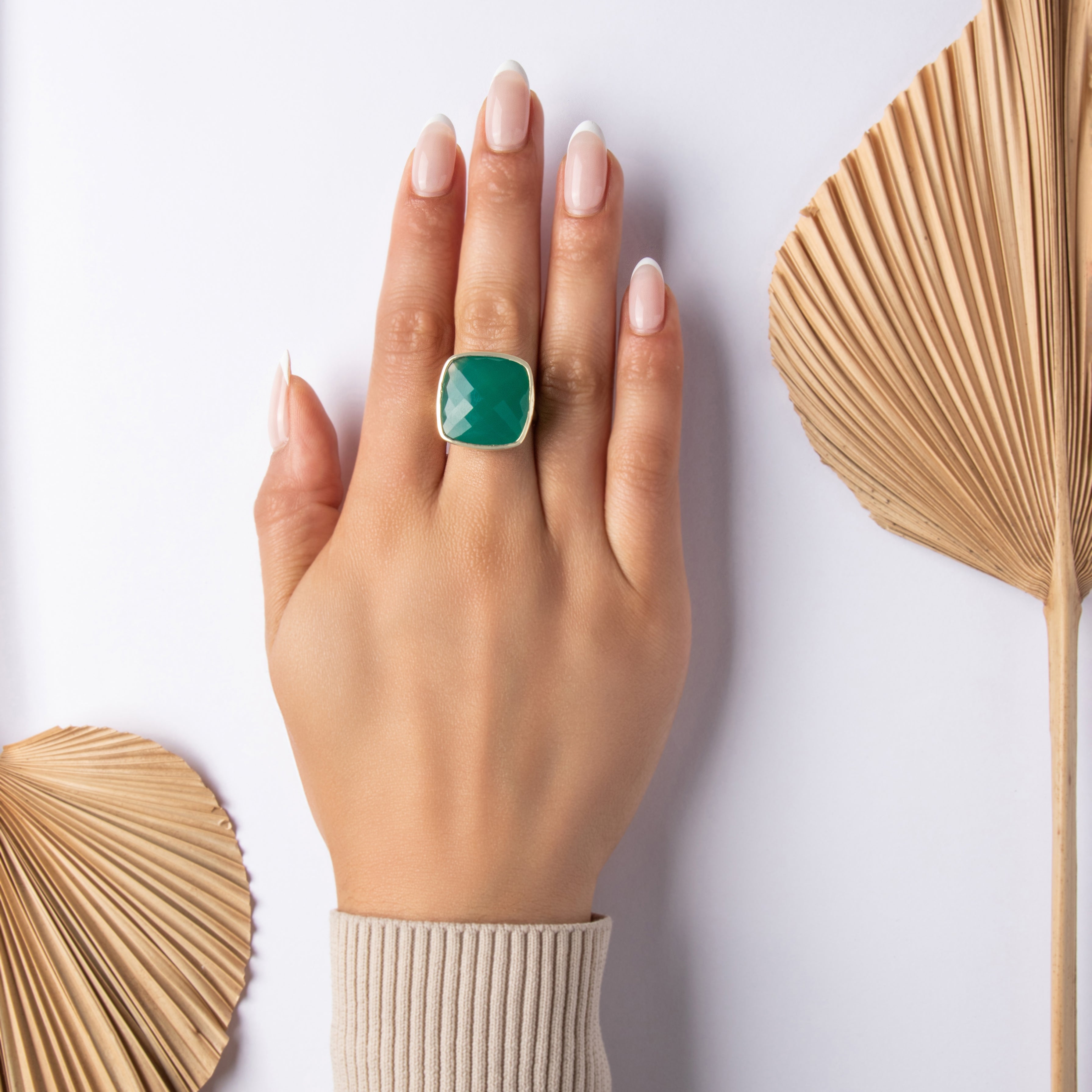 Estate 14k Yellow Gold 16.32ct Green Chalcedony Oversized Glittering Checkerboard Swirling Basket Setting Cocktail Ring - On model view