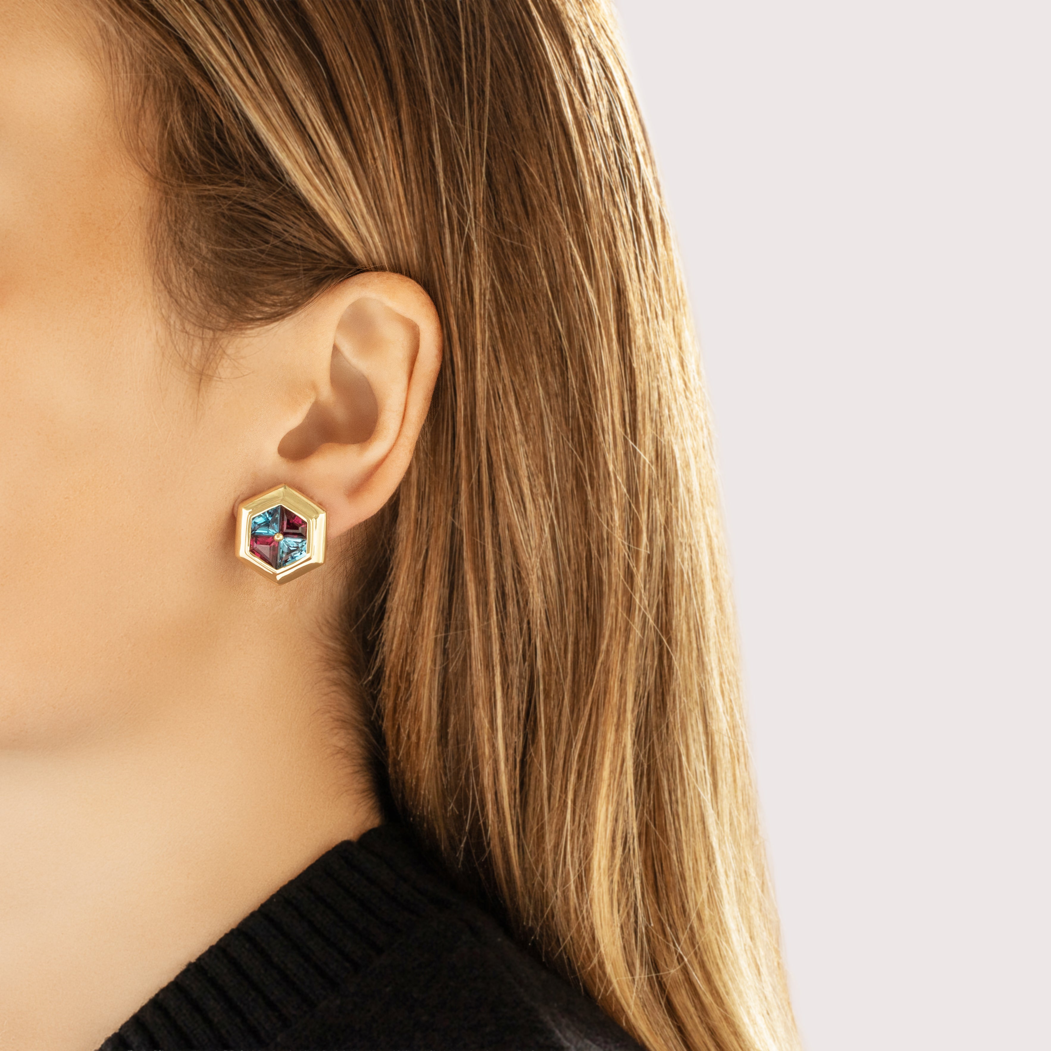 Vintage 14k Yellow Gold 3.77cttw Purple Garnet 3.43cttw Blue Topaz Vibrant Hexagonal Omega-Back Earrings - On model view