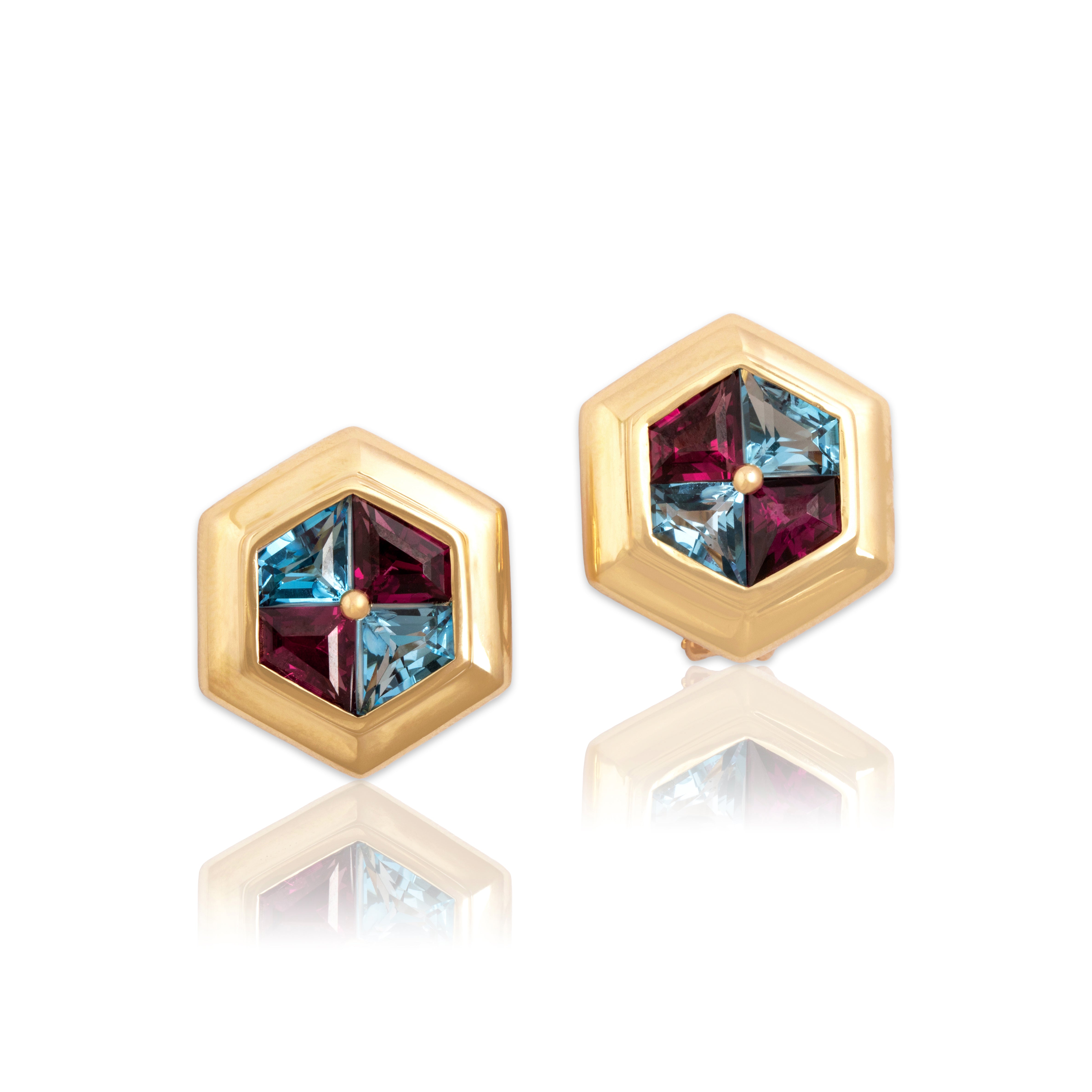 Vintage 14k Yellow Gold 3.77cttw Purple Garnet 3.43cttw Blue Topaz Bold Earrings