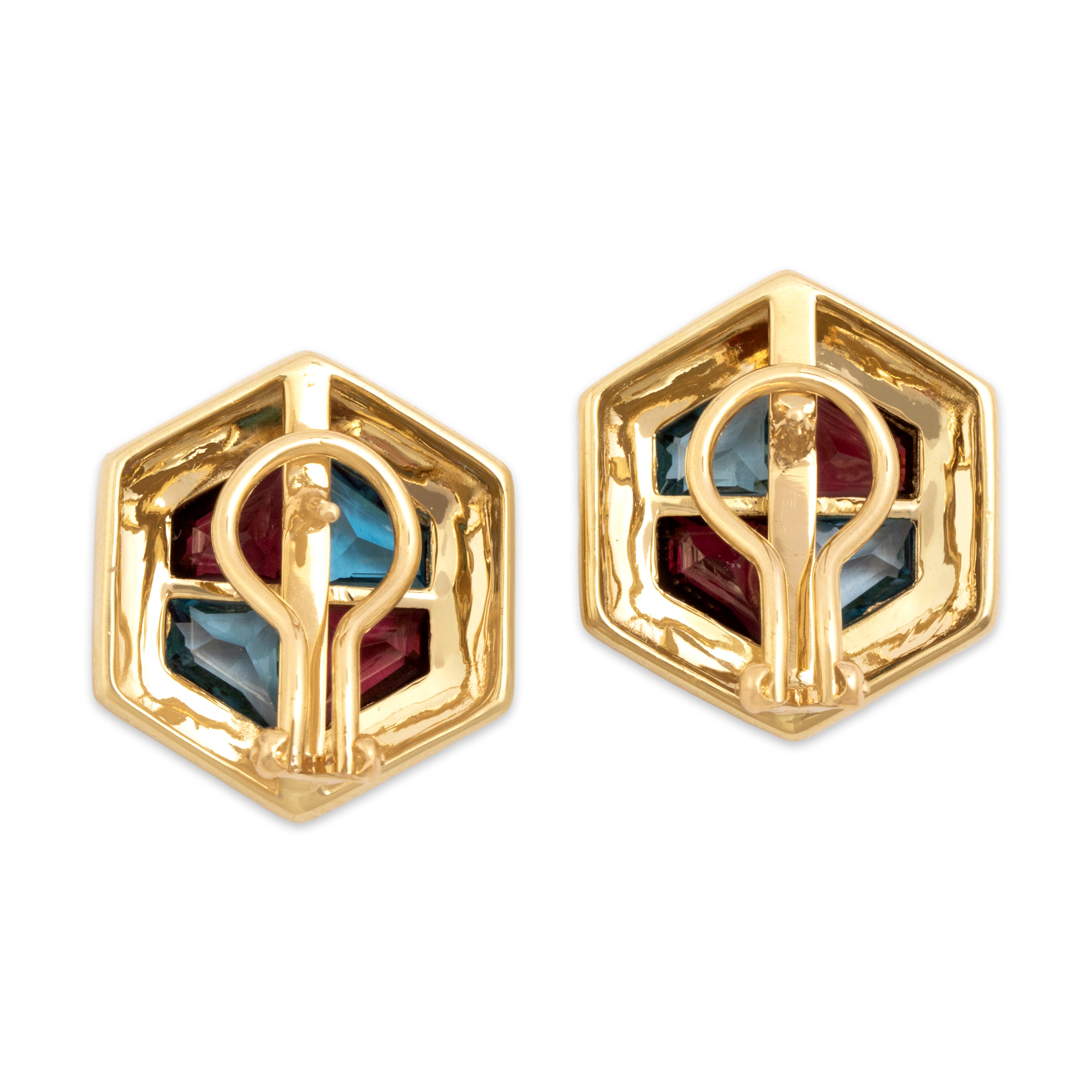 Vintage 14k Yellow Gold 3.77cttw Purple Garnet 3.43cttw Blue Topaz Vibrant Hexagonal Omega-Back Earrings - Back view