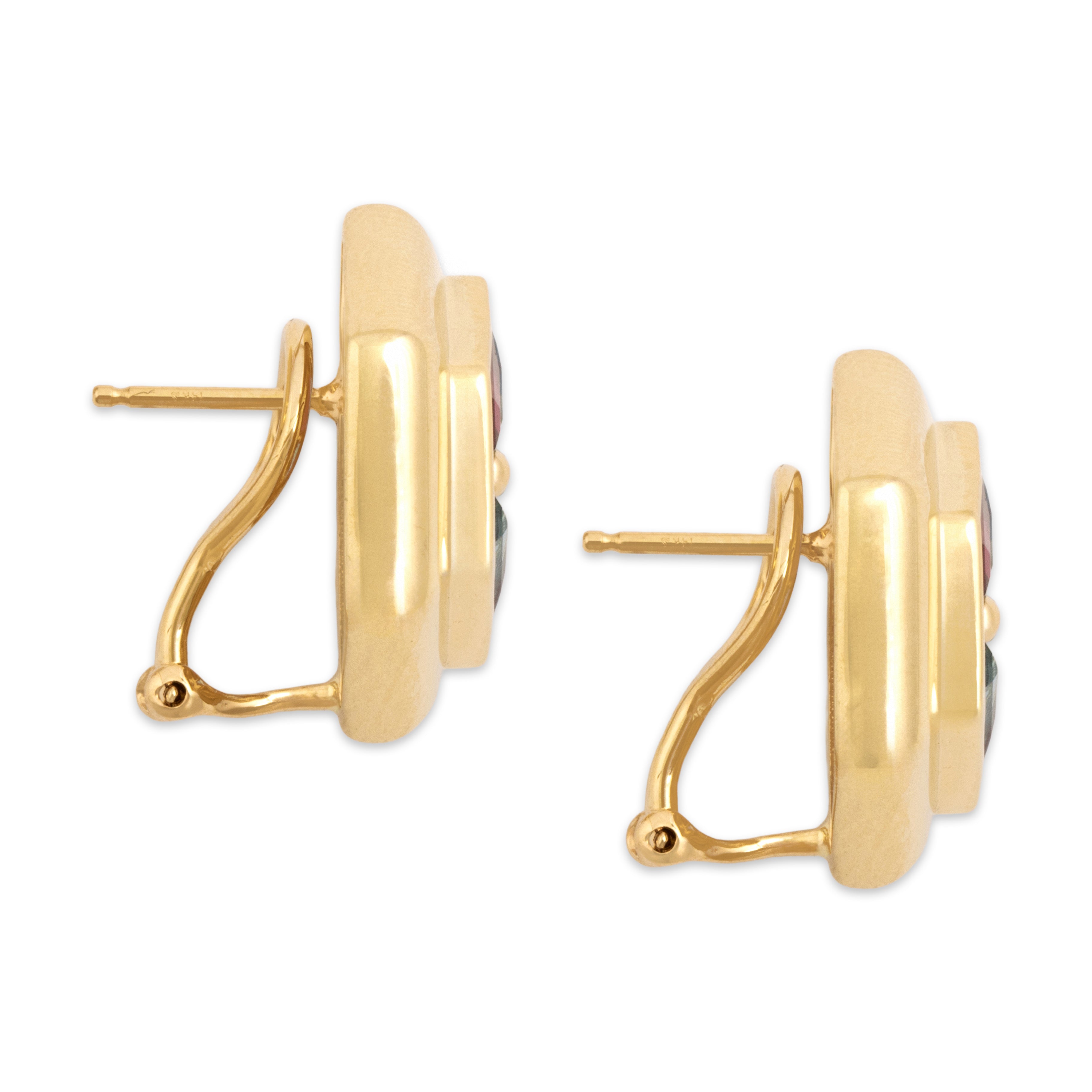 Vintage 14k Yellow Gold 3.77cttw Purple Garnet 3.43cttw Blue Topaz Vibrant Hexagonal Omega-Back Earrings - Side view