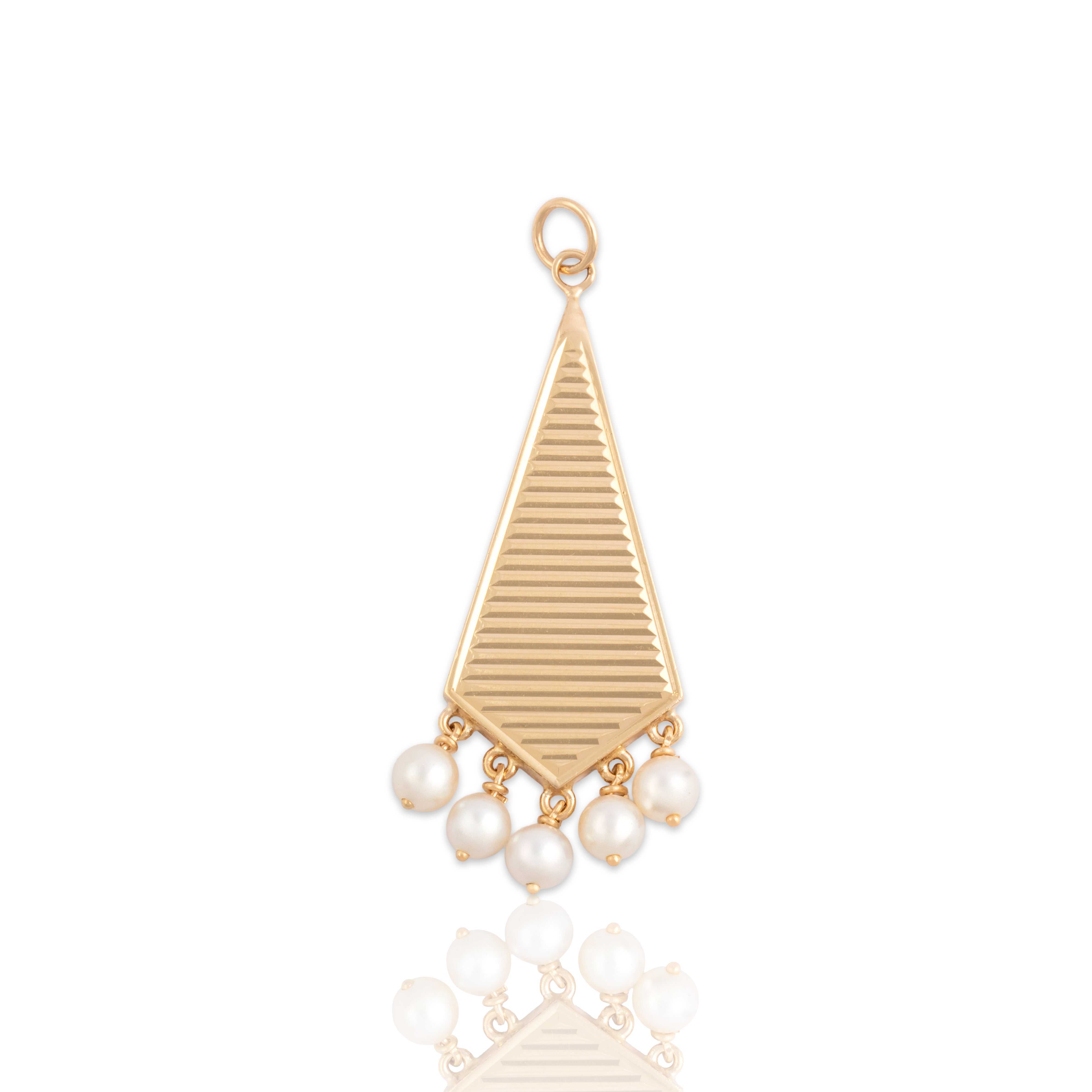 Vintage Large 14k Yellow Gold Pearl Ribbed Dangle Pendant - Close-up view