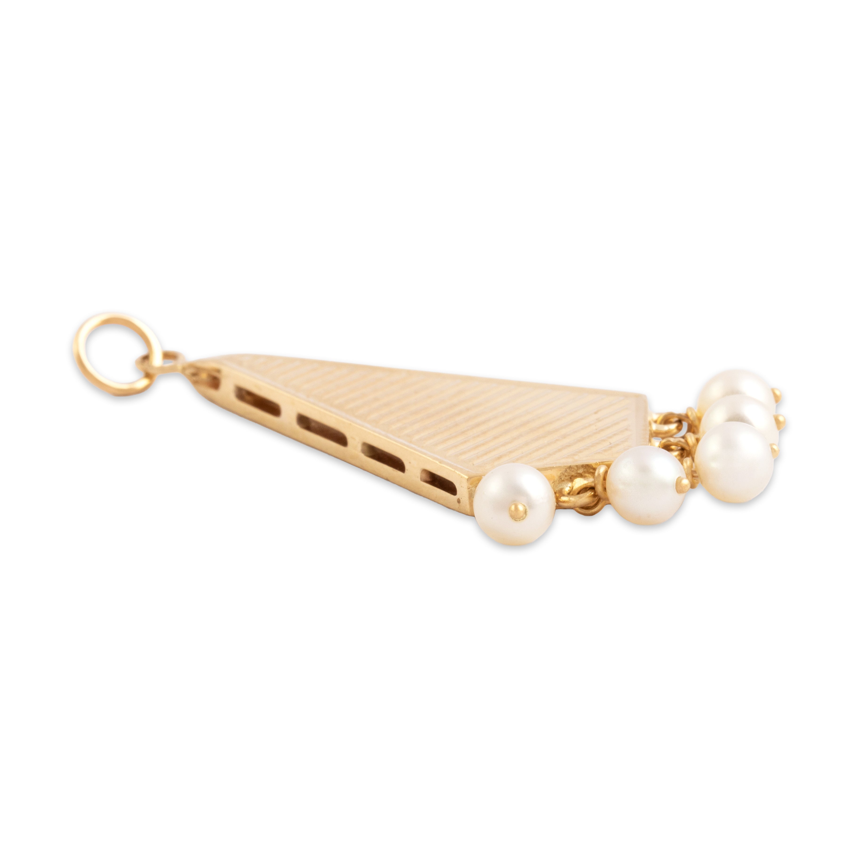 Vintage Large 14k Yellow Gold Pearl Ribbed Dangle Pendant - Side view