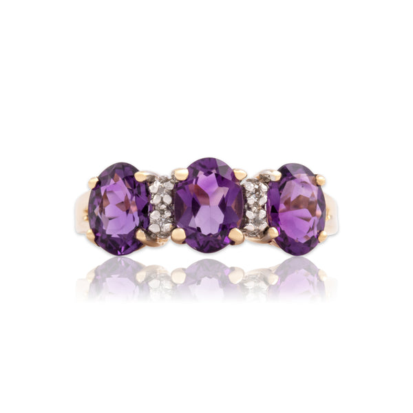 Vintage 14k Yellow Gold 1.8cttw Amethyst Diamond Vibrant Oval Trio Ring 6.50