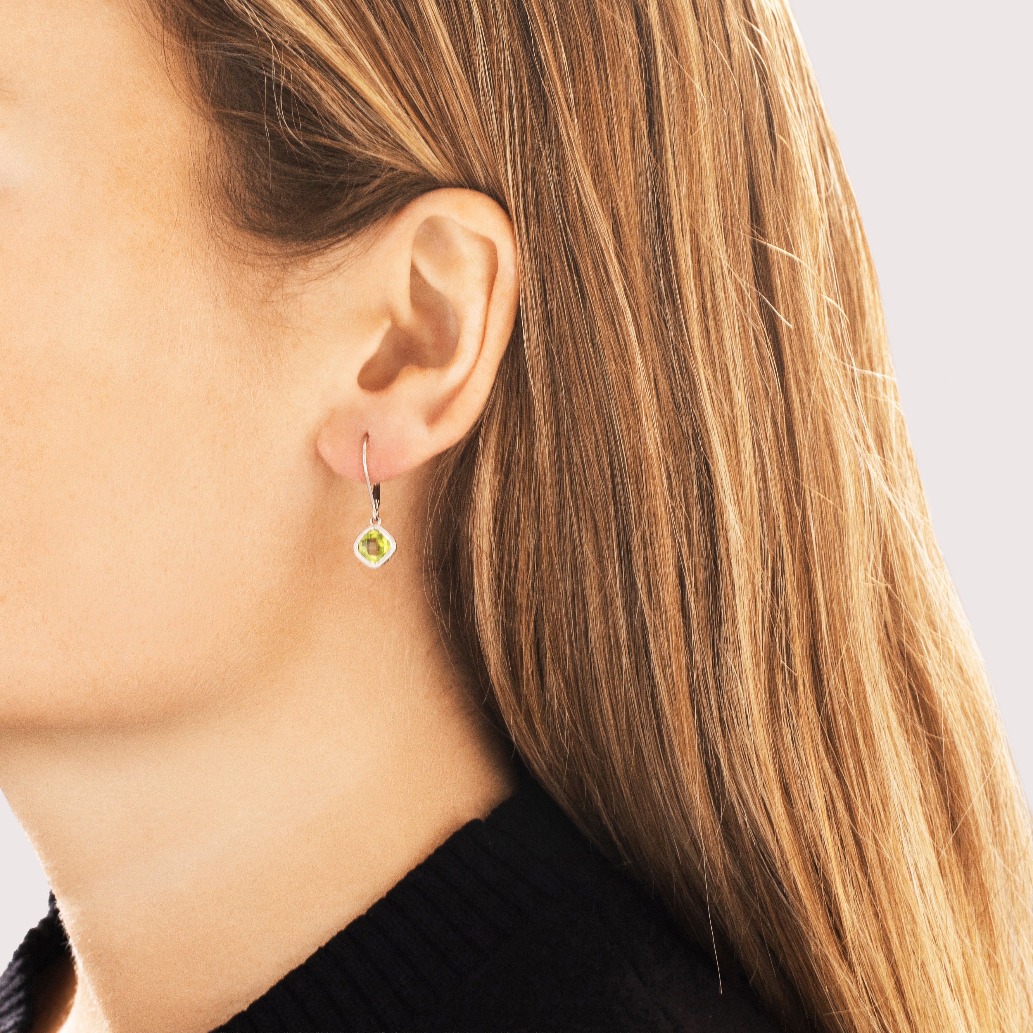 Vintage 14k White Gold 1.93cttw Peridot Lovely Milgrain Checkerboard Dangle Earrings - On model view