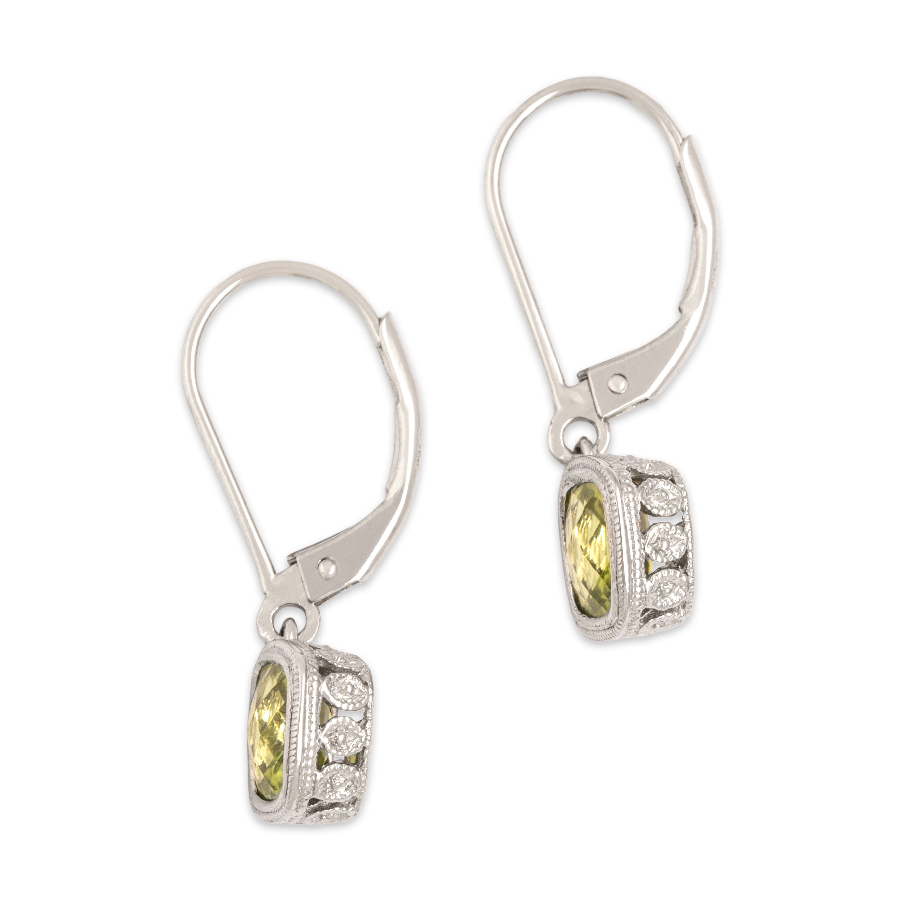 Vintage 14k White Gold 1.93cttw Peridot Lovely Milgrain Checkerboard Dangle Earrings - Side view