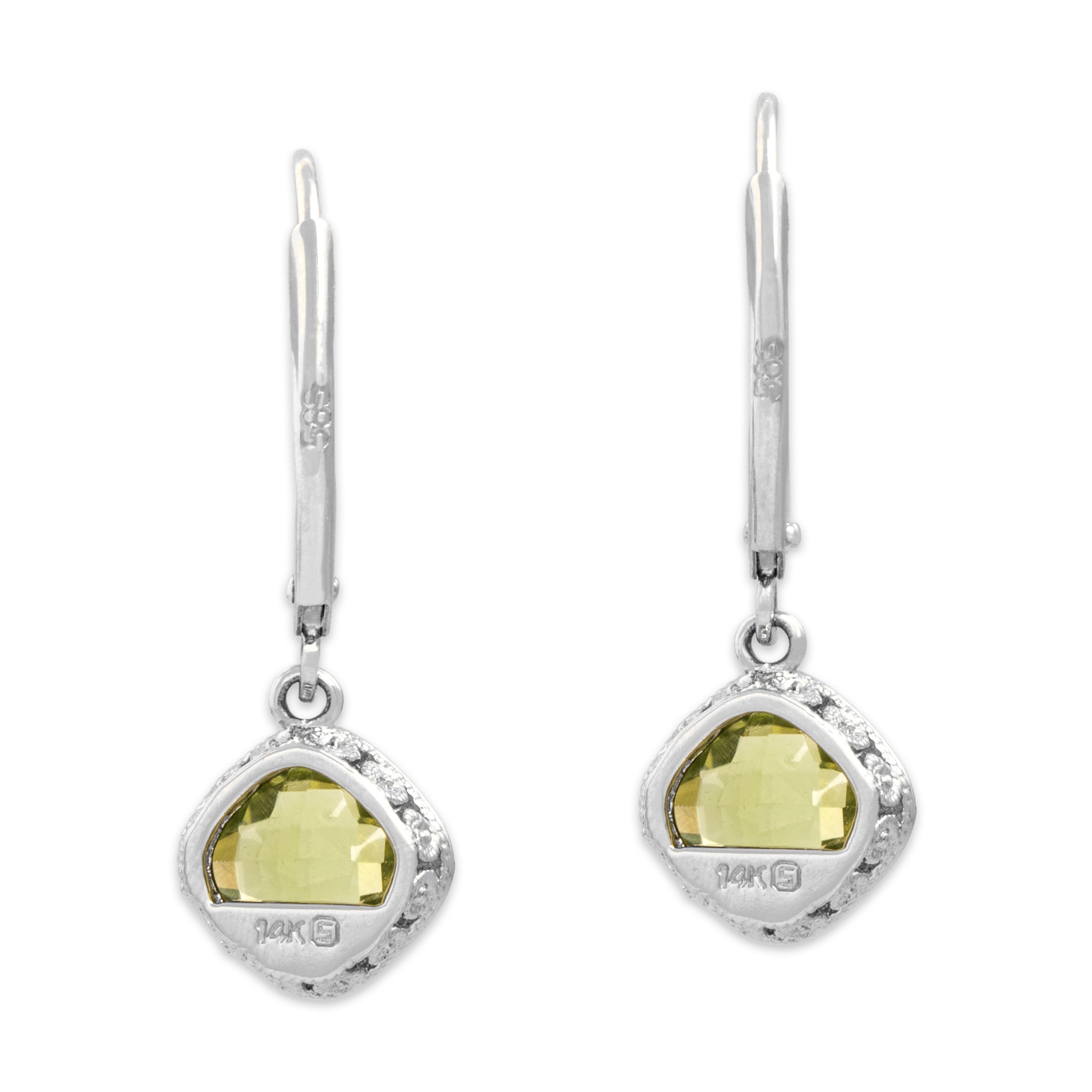 Vintage 14k White Gold 1.93cttw Peridot Milgrain Checkerboard Dangle Earrings