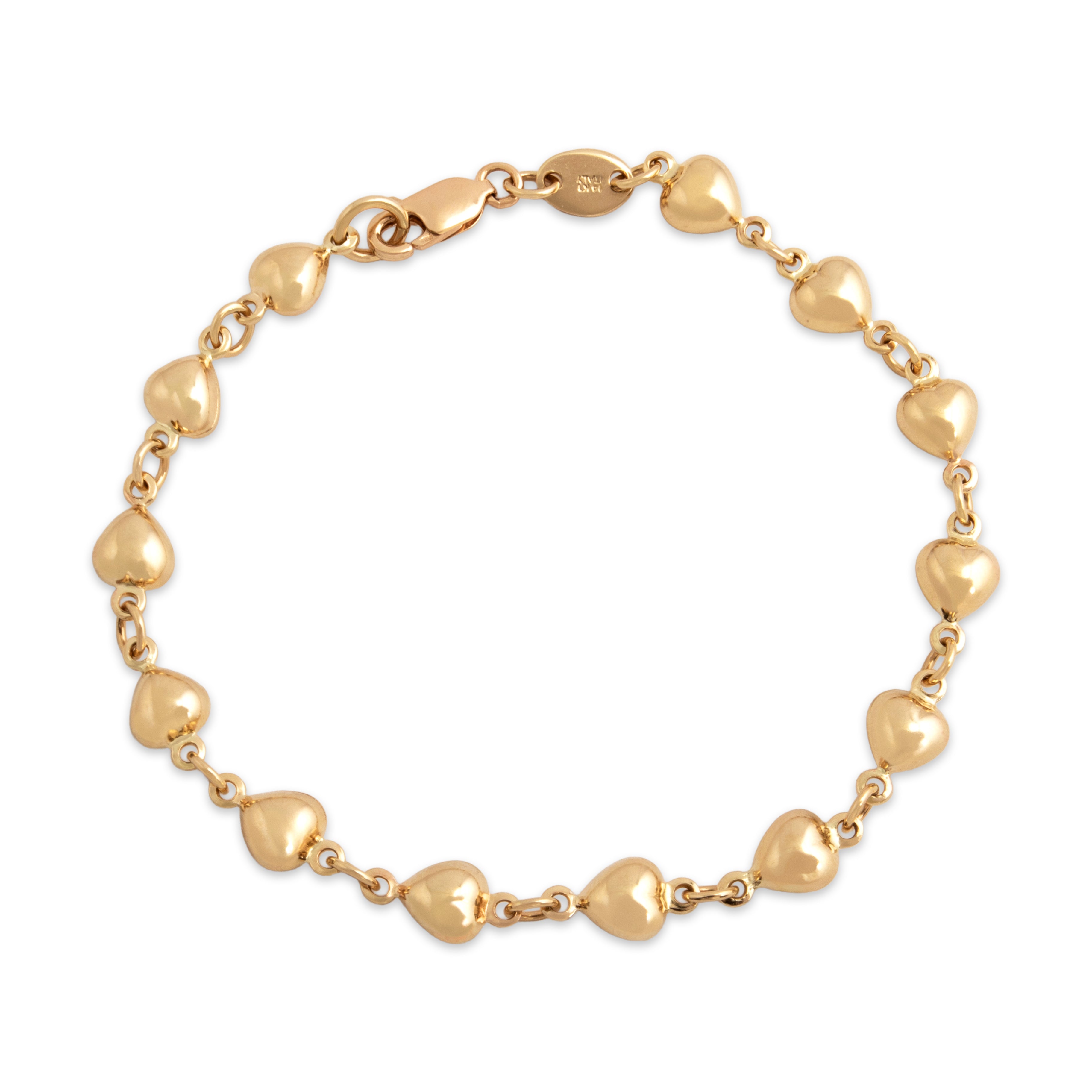 Vintage Italian 14k Yellow Gold Puffy Heart Link Bracelet - Close-up view
