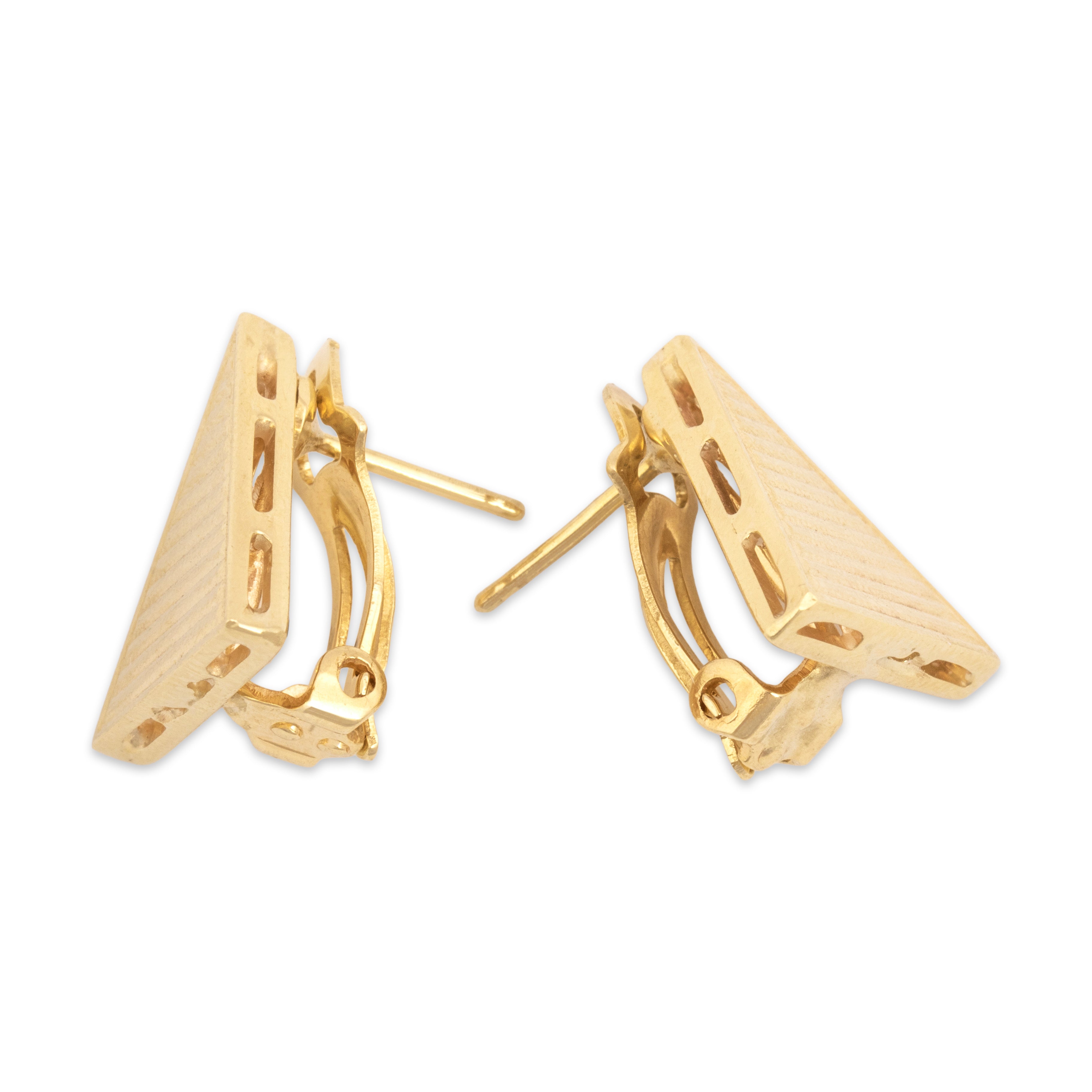 Vintage 14k Yellow Gold Funky Ribbed Triangle Omega Back Earrings