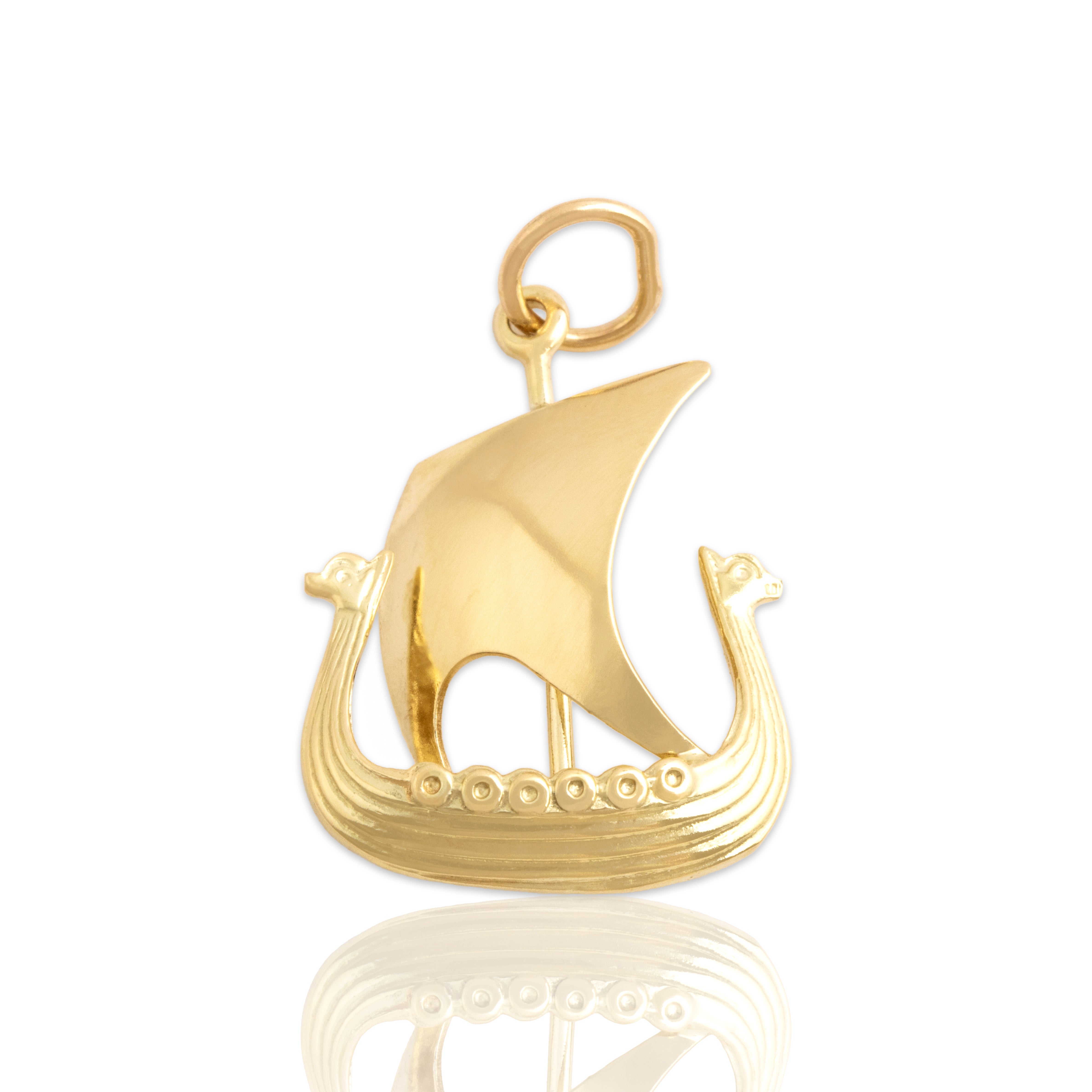 Vintage Norwegian 14k Yellow Gold Voyaging Viking Ship Charm / Pendant - Close-up view