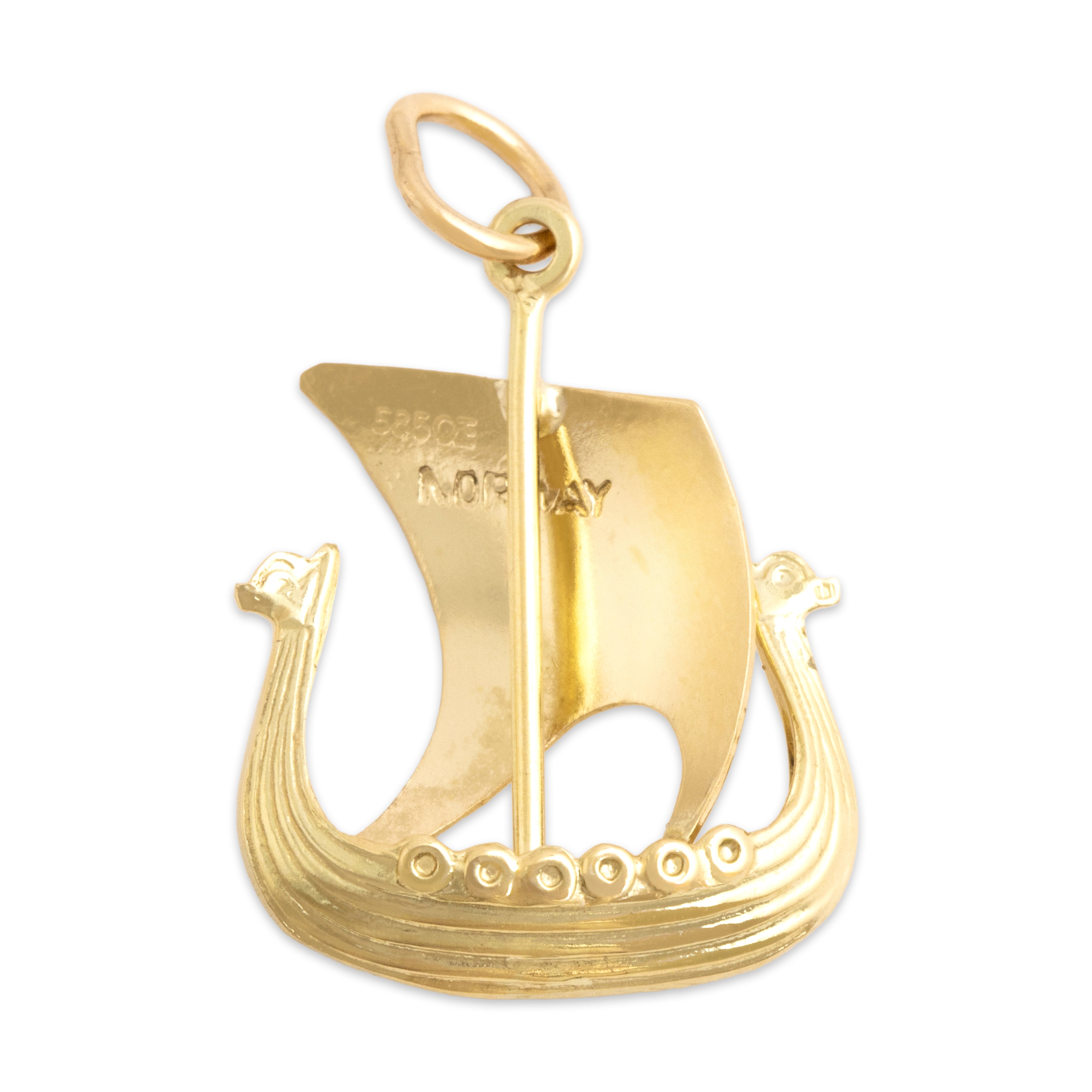 Vintage Norwegian 14k Yellow Gold Voyaging Viking Ship Charm / Pendant - Back view