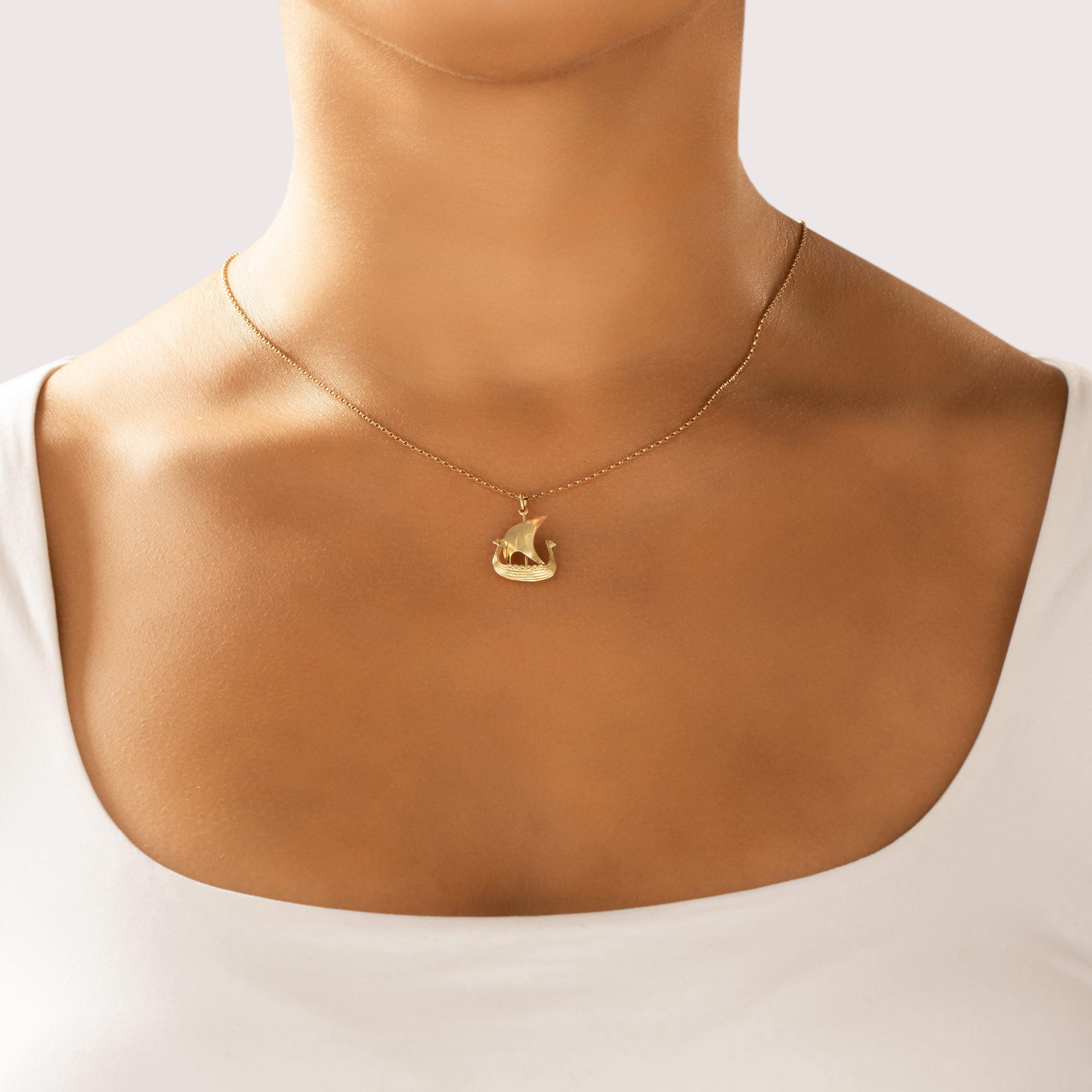 Vintage Norwegian 14k Yellow Gold Voyaging Viking Ship Charm / Pendant - On model view