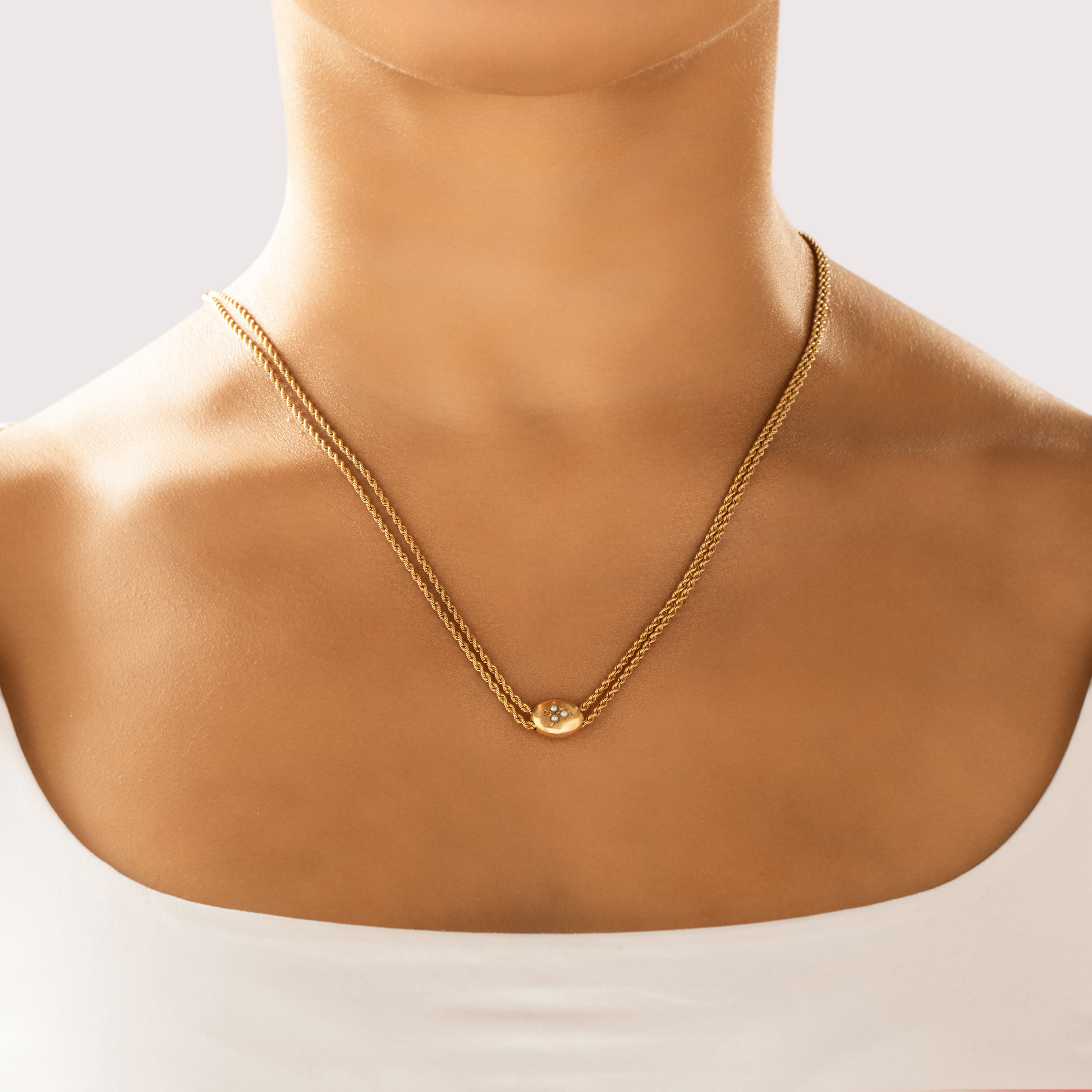 Antique Victorian 14k Yellow & Rosy Yellow Gold Pearl Wonderful Clover Slide Long Spiralling Rope Dog Clip Lorgnette Chain Necklace - On model view