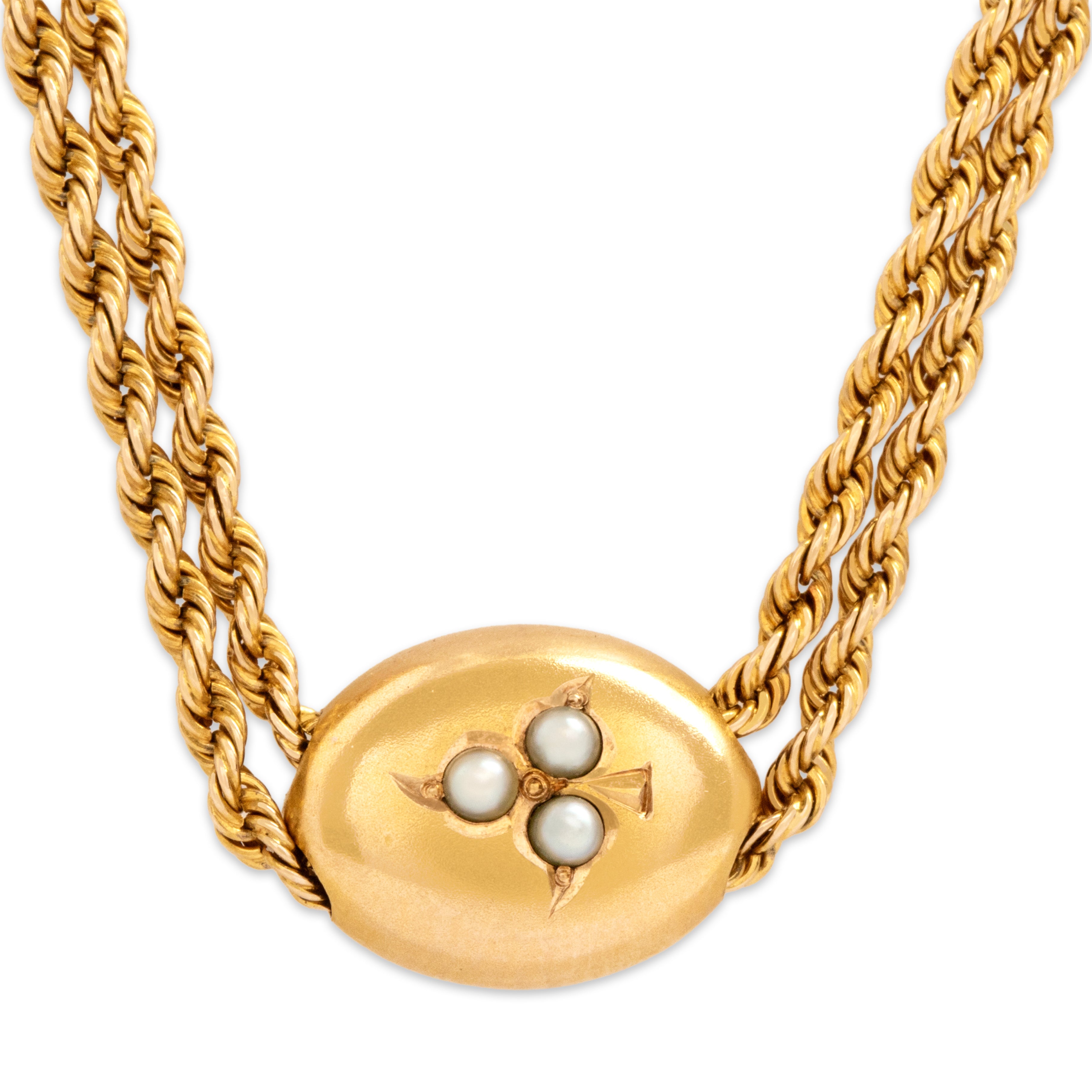 Antique Victorian 14k Yellow & Rosy Yellow Gold Pearl Wonderful Clover Slide Long Spiralling Rope Dog Clip Lorgnette Chain Necklace - detail view #2