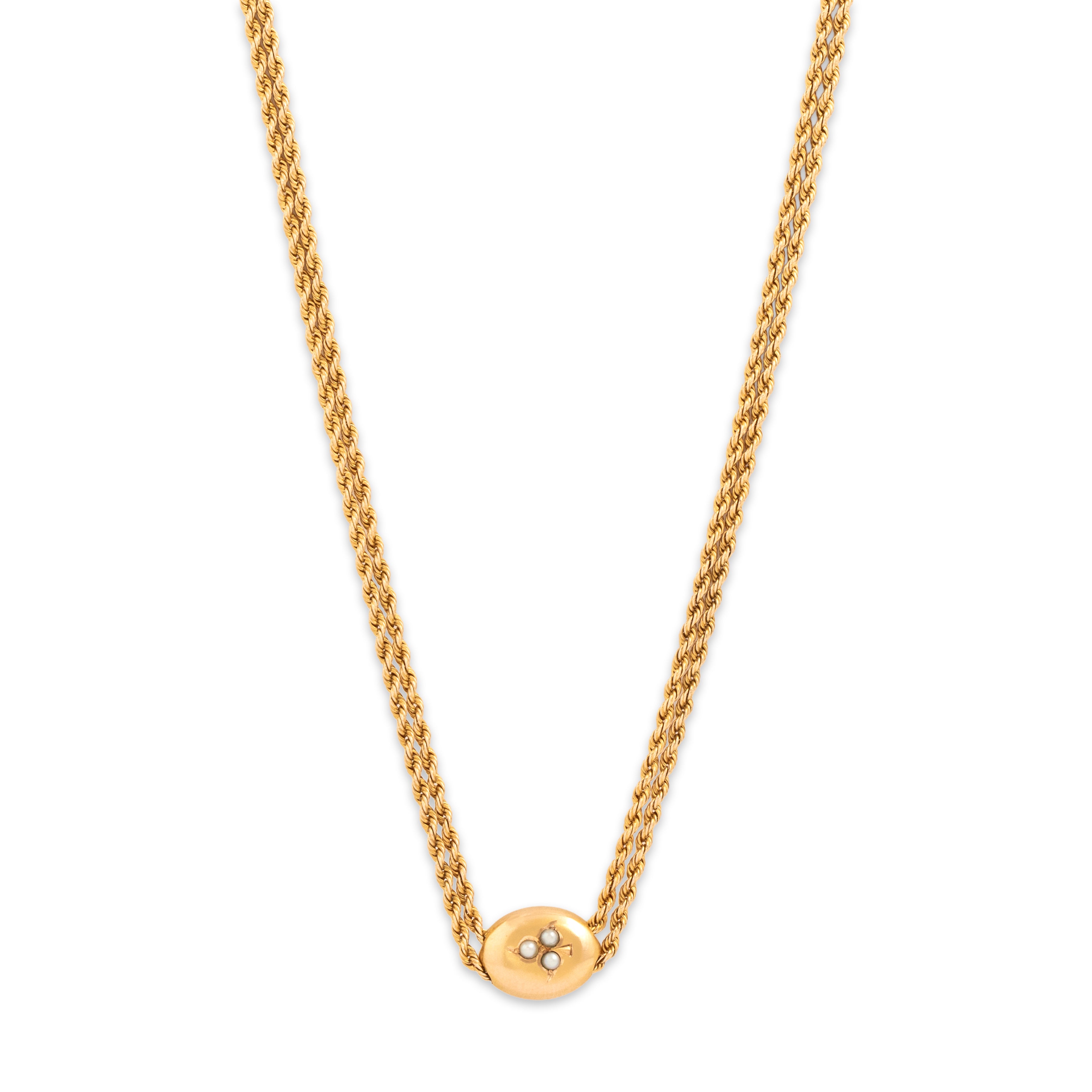 Antique Victorian 14k Yellow & Rosy Yellow Gold Pearl Wonderful Clover Slide Long Spiralling Rope Dog Clip Lorgnette Chain Necklace - detail view #1