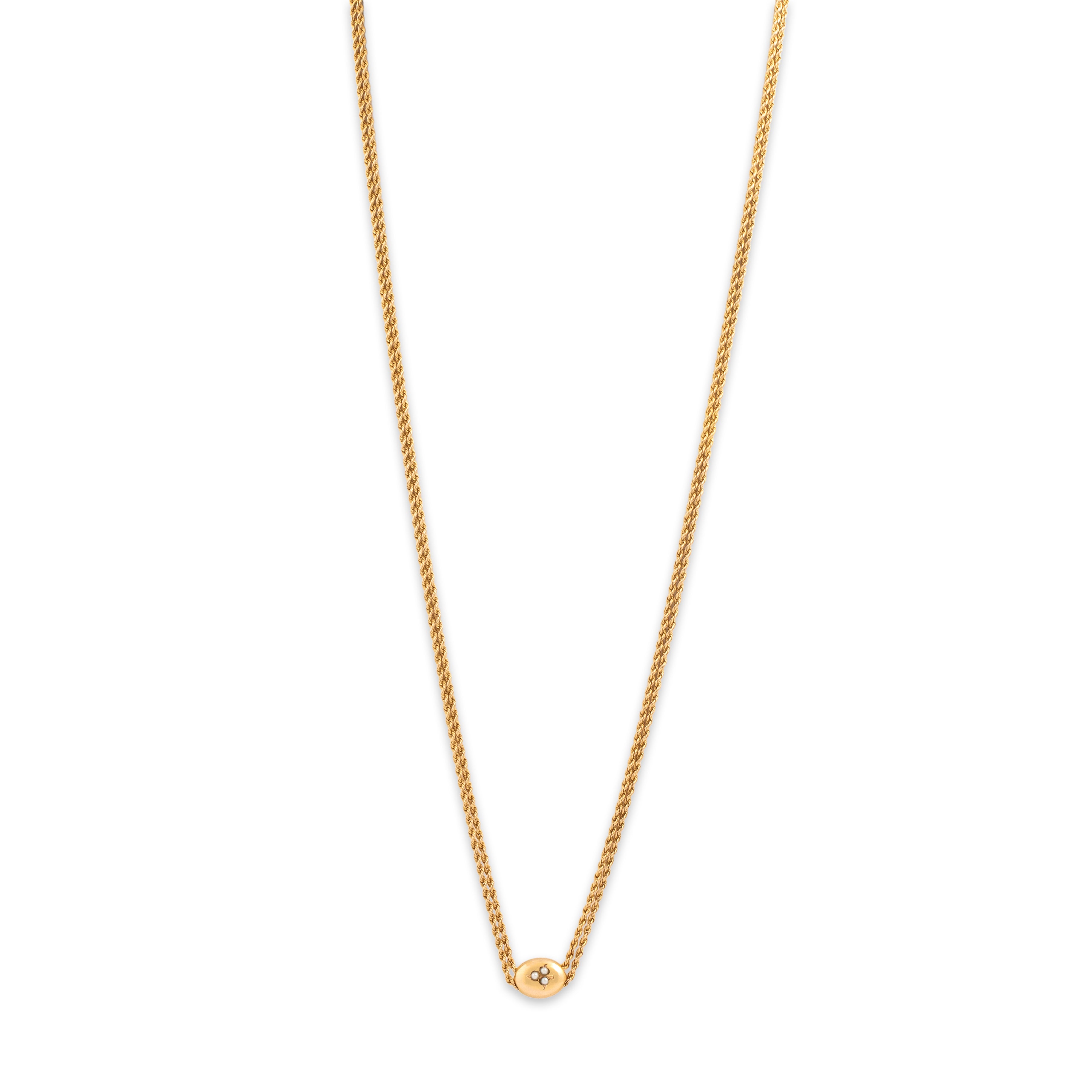 Antique Victorian 14k Yellow & Rosy Yellow Gold Pearl Wonderful Clover Slide Long Spiralling Rope Dog Clip Lorgnette Chain Necklace - Close-up view