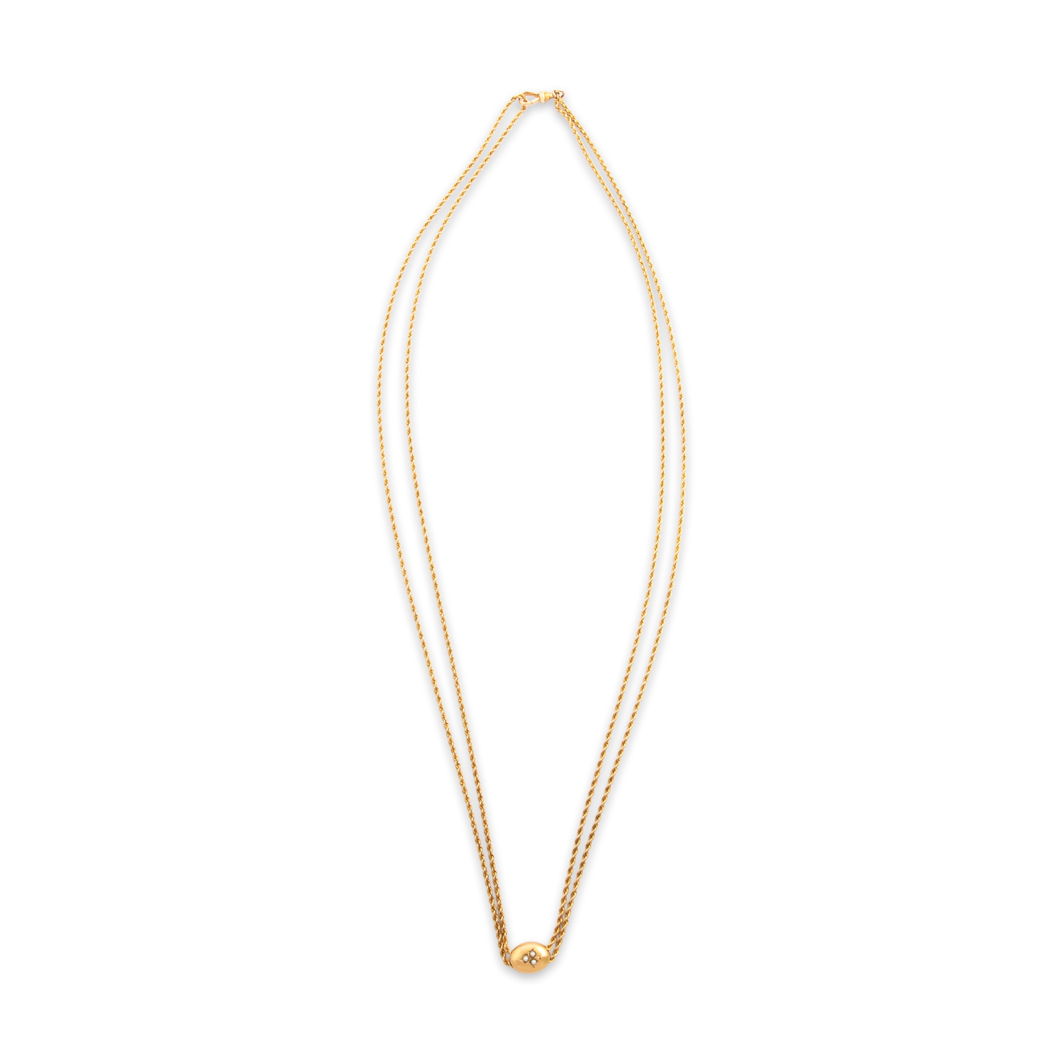 Antique Victorian 14k Yellow & Rosy Yellow Gold Pearl Wonderful Clover Slide Long Spiralling Rope Dog Clip Lorgnette Chain Necklace - Overall view