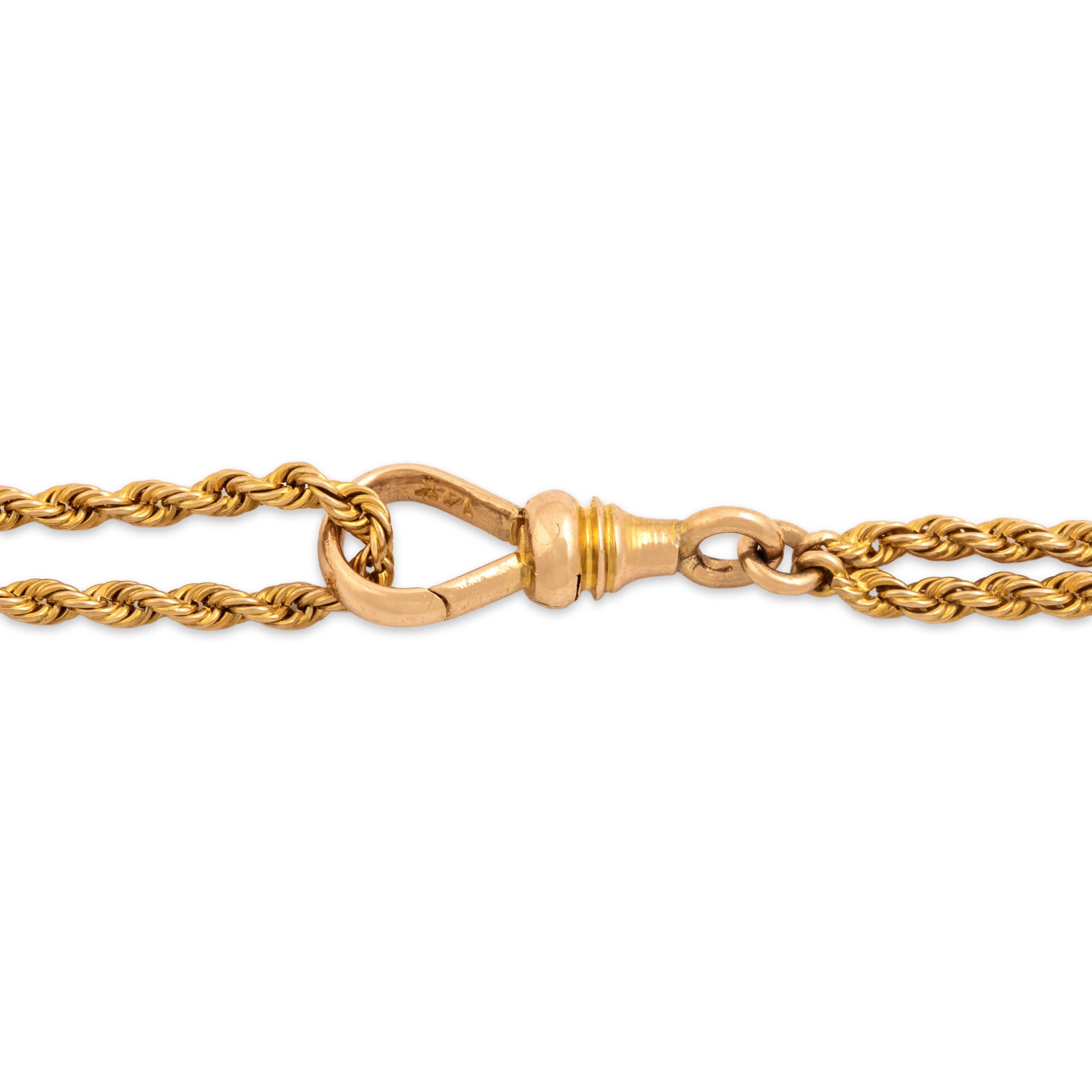 Antique Victorian 14k Yellow & Rosy Yellow Gold Pearl Wonderful Clover Slide Long Spiralling Rope Dog Clip Lorgnette Chain Necklace - clasp view