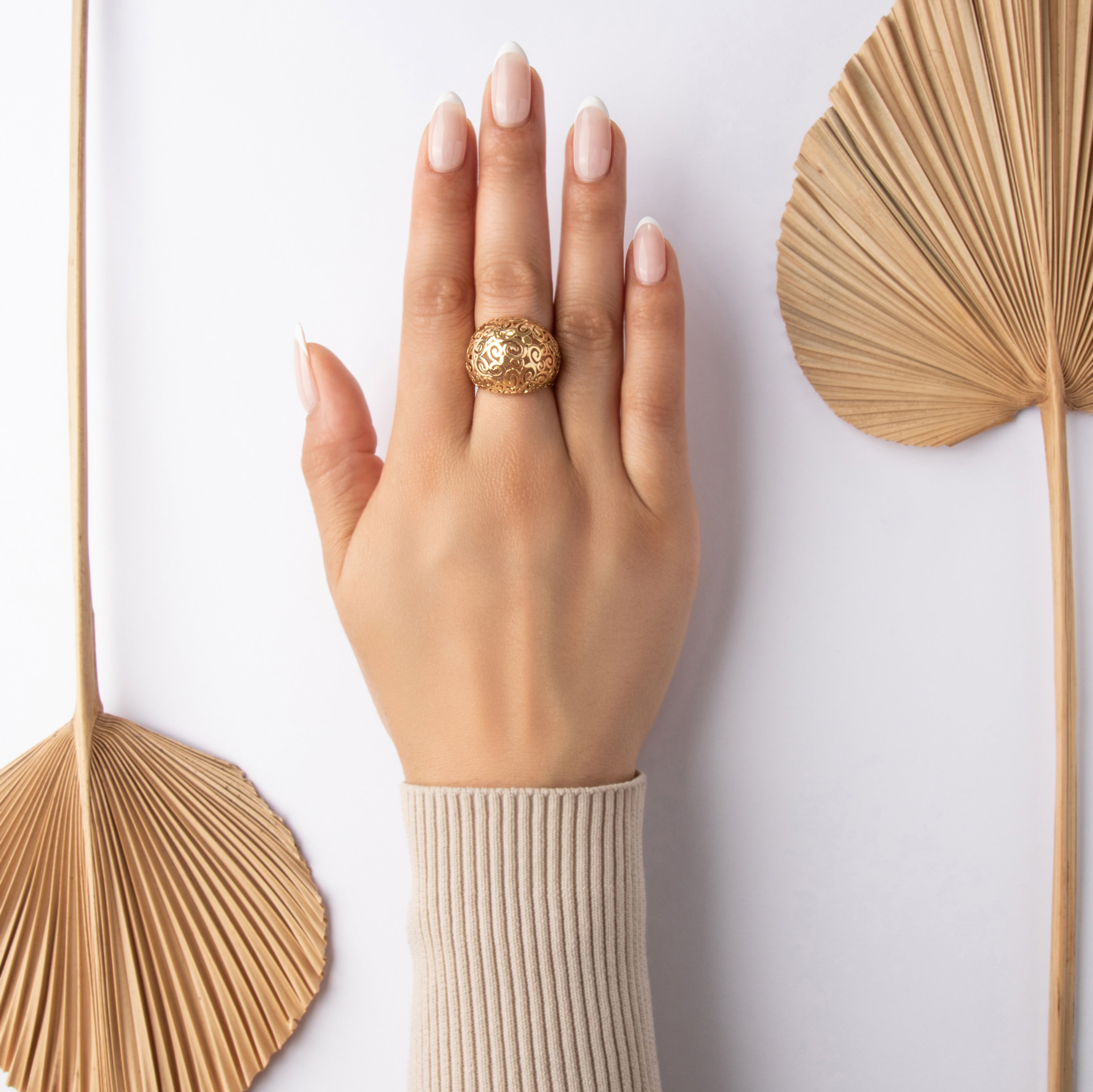 Vintage Italian 18k Yellow Gold Oversized Whimsical Swirling Dome Ring - On model view
