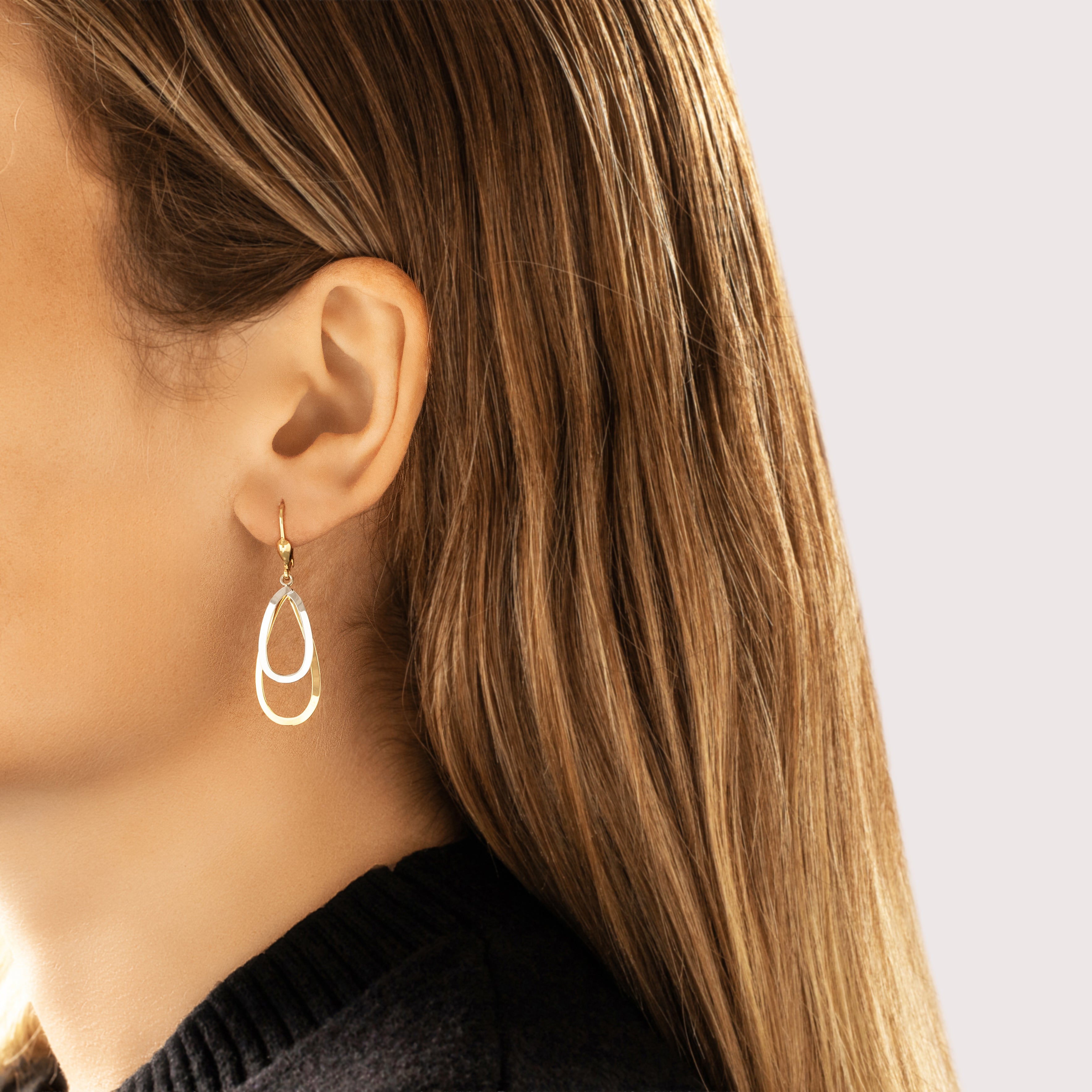 Vintage Italian 18k Yellow & White Gold Gleaming Double Teardrop Dangle Earrings - On model view