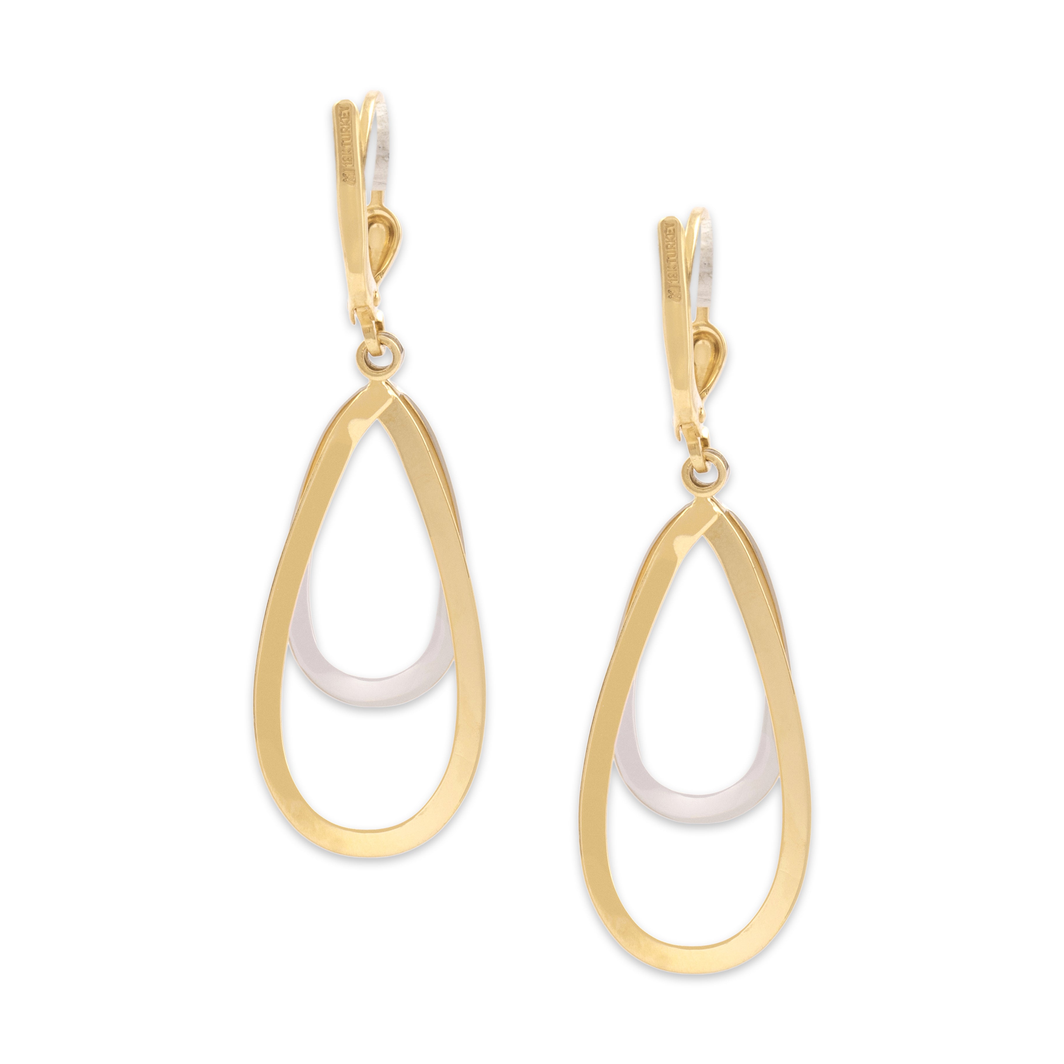 Vintage Italian 18k Yellow & White Gold Gleaming Double Teardrop Dangle Earrings