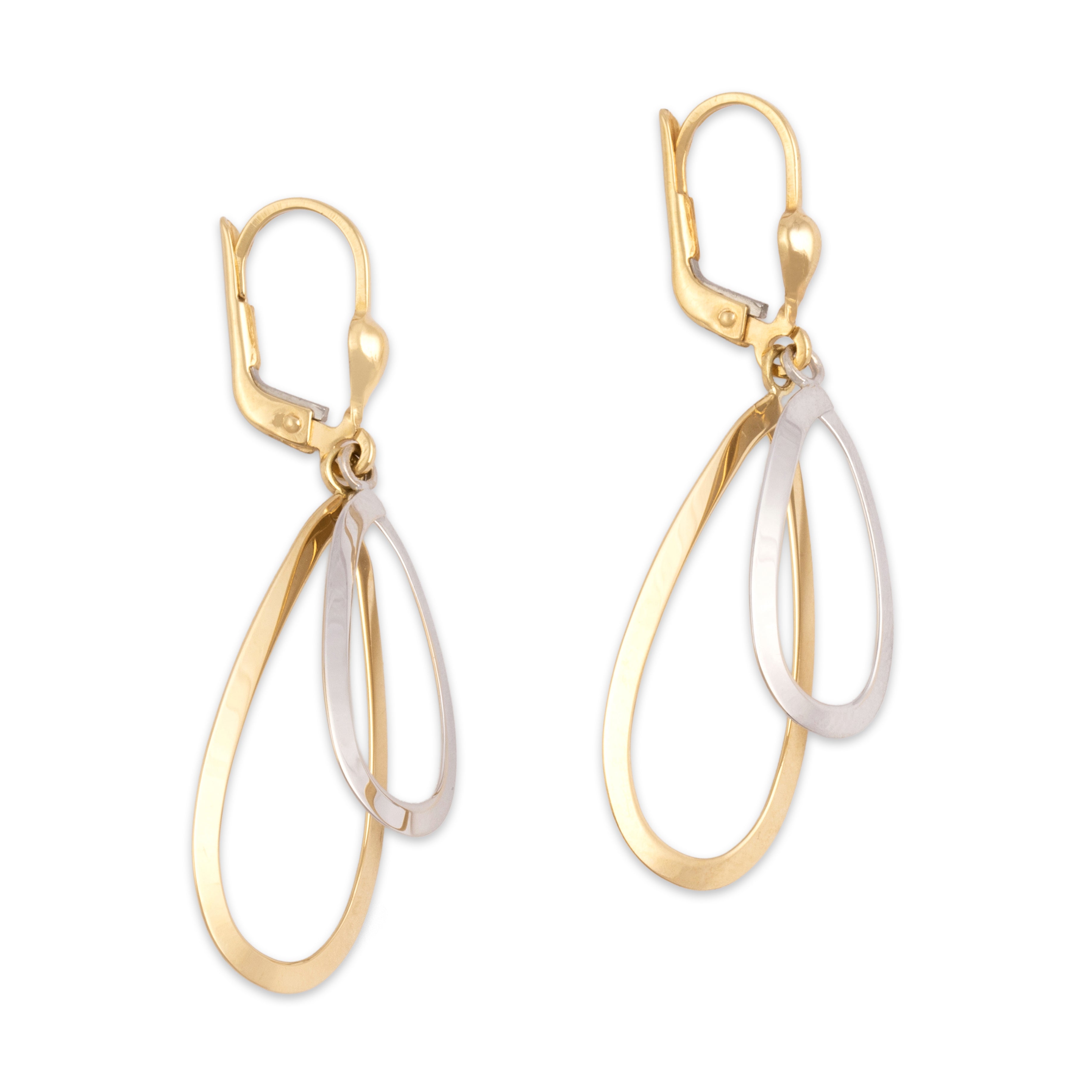 Vintage Italian 18k Yellow & White Gold Gleaming Double Teardrop Dangle Earrings - Side view