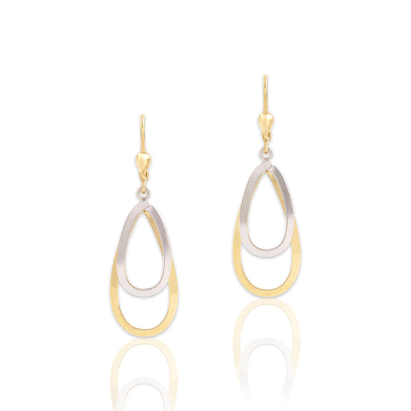Vintage Italian 18k Yellow & White Gold Gleaming Double Teardrop Dangle Earrings