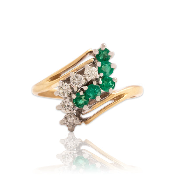 Vintage 14k Yellow & White Gold Emerald Diamond Bypass Cluster Ring 6.00