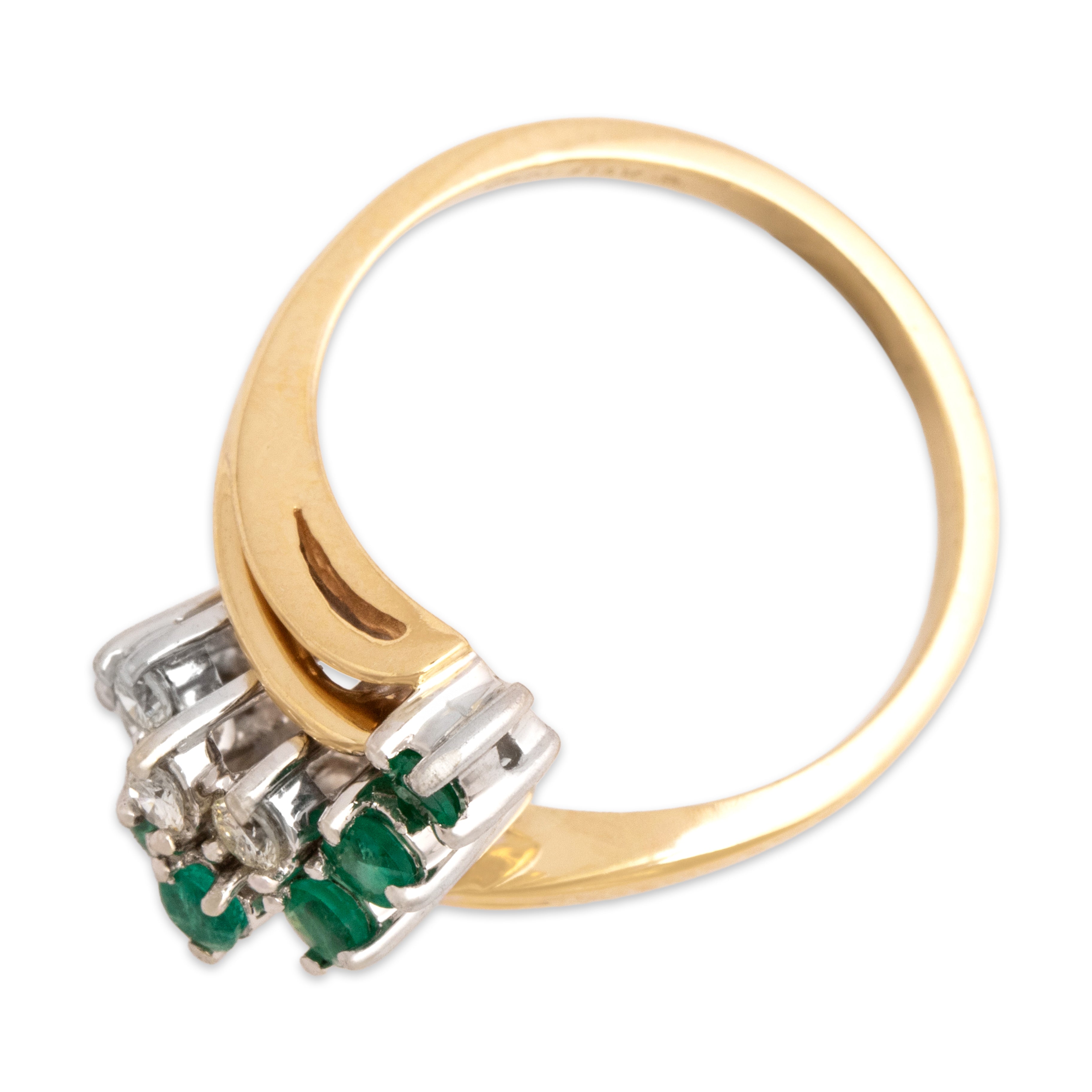 Vintage 14k Yellow & White Gold Emerald Diamond Twirling Bypass Cluster Ring - Overall view