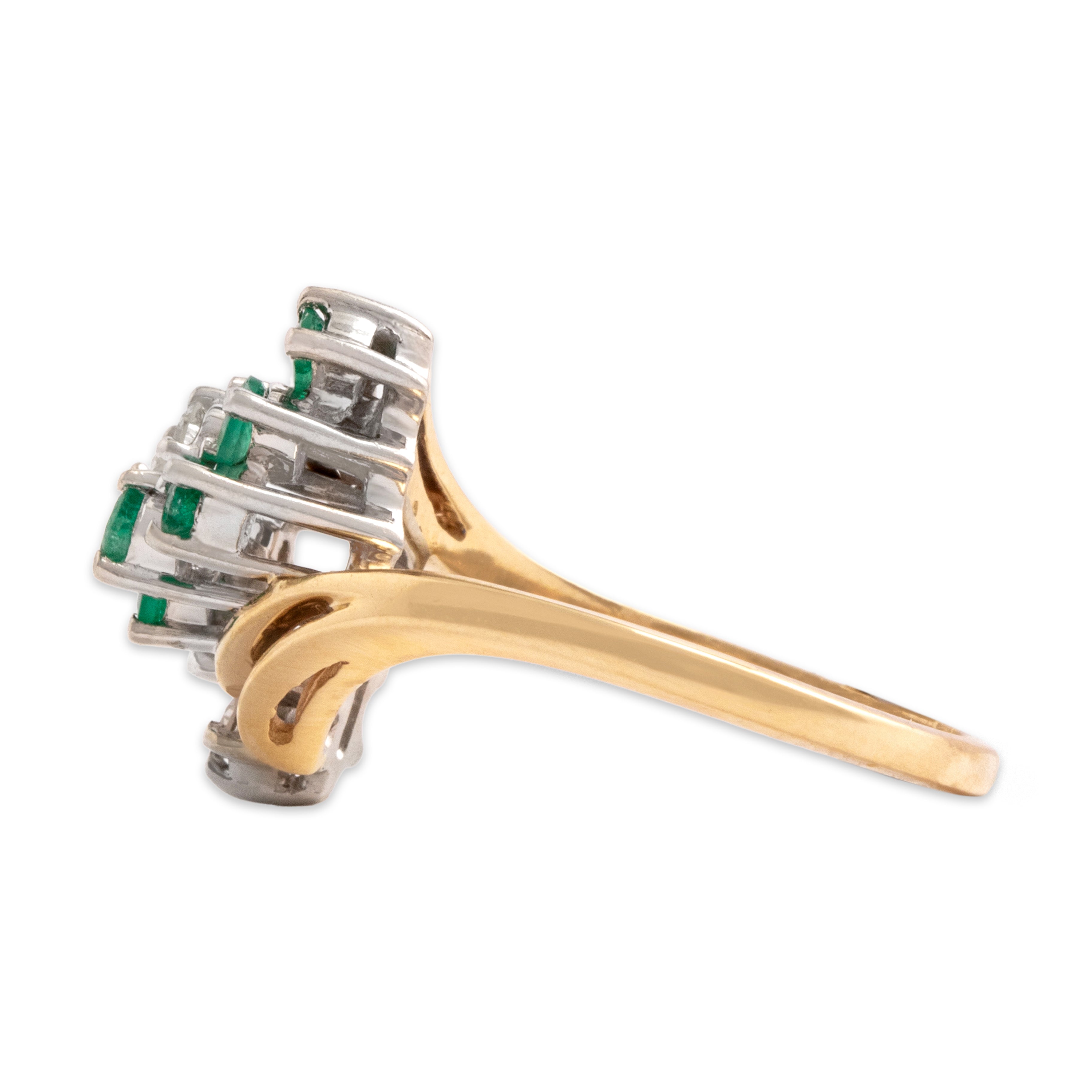 Vintage 14k Yellow & White Gold Emerald Diamond Twirling Bypass Cluster Ring - Side view