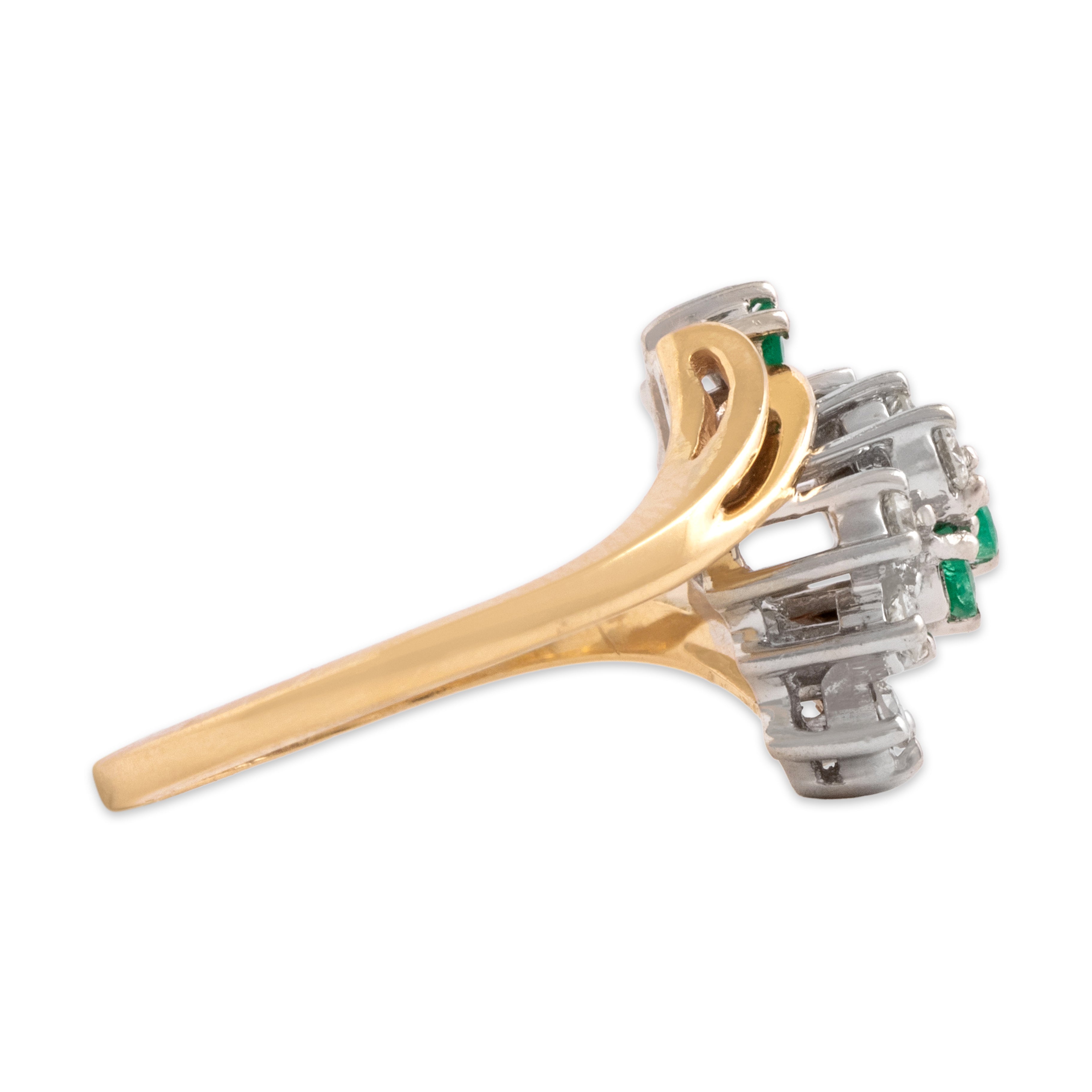 Vintage 14k Yellow & White Gold Emerald Diamond Twirling Bypass Cluster Ring - Side view
