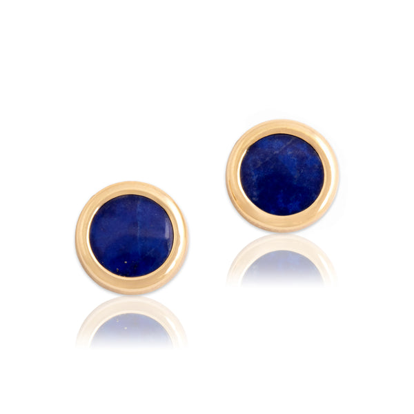 Vintage 14k Yellow Gold Lapis Lazuli Round Bezel Inlay Stud Earrings - Close-up view