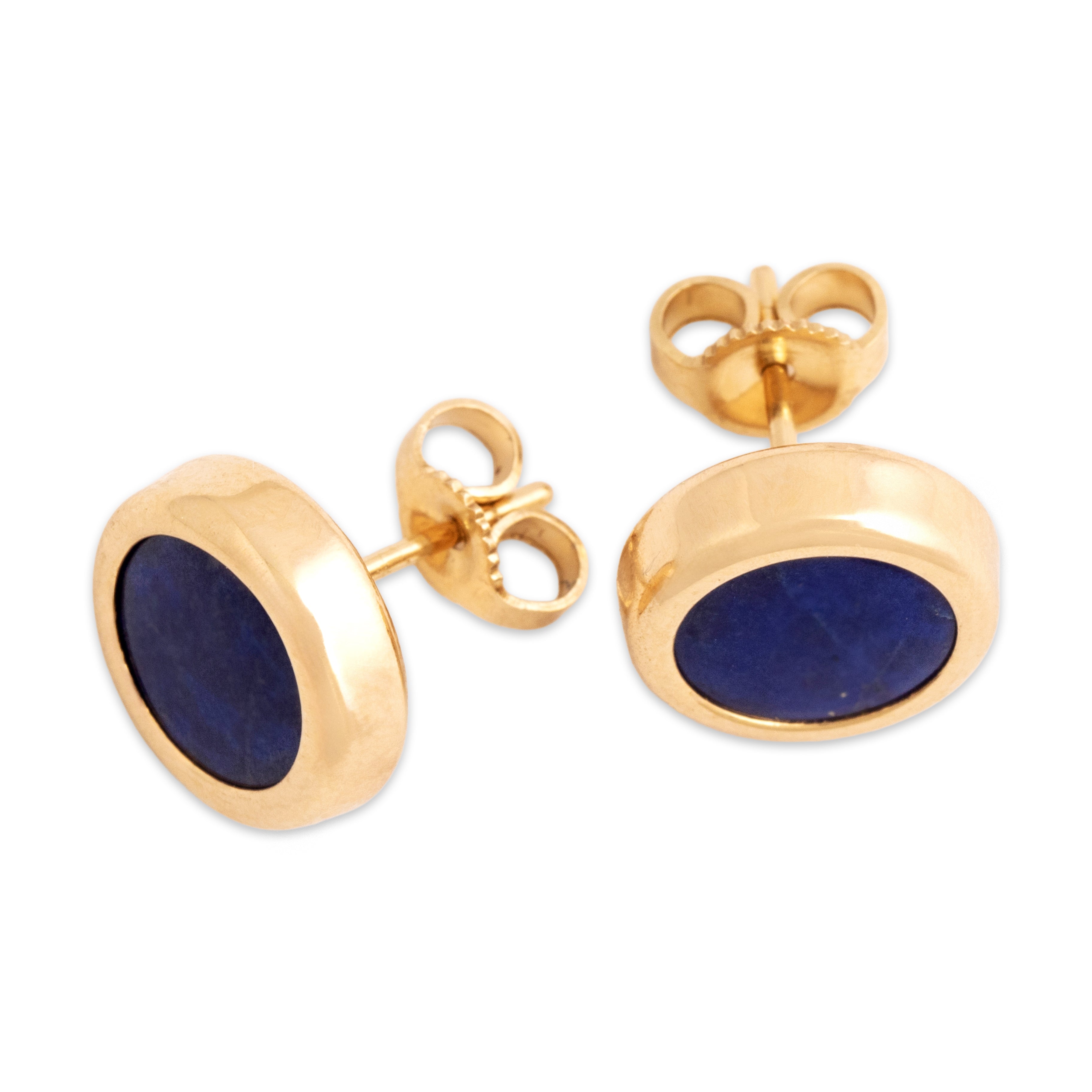 Vintage 14k Yellow Gold Lapis Lazuli Round Bezel Inlay Stud Earrings - Overall view