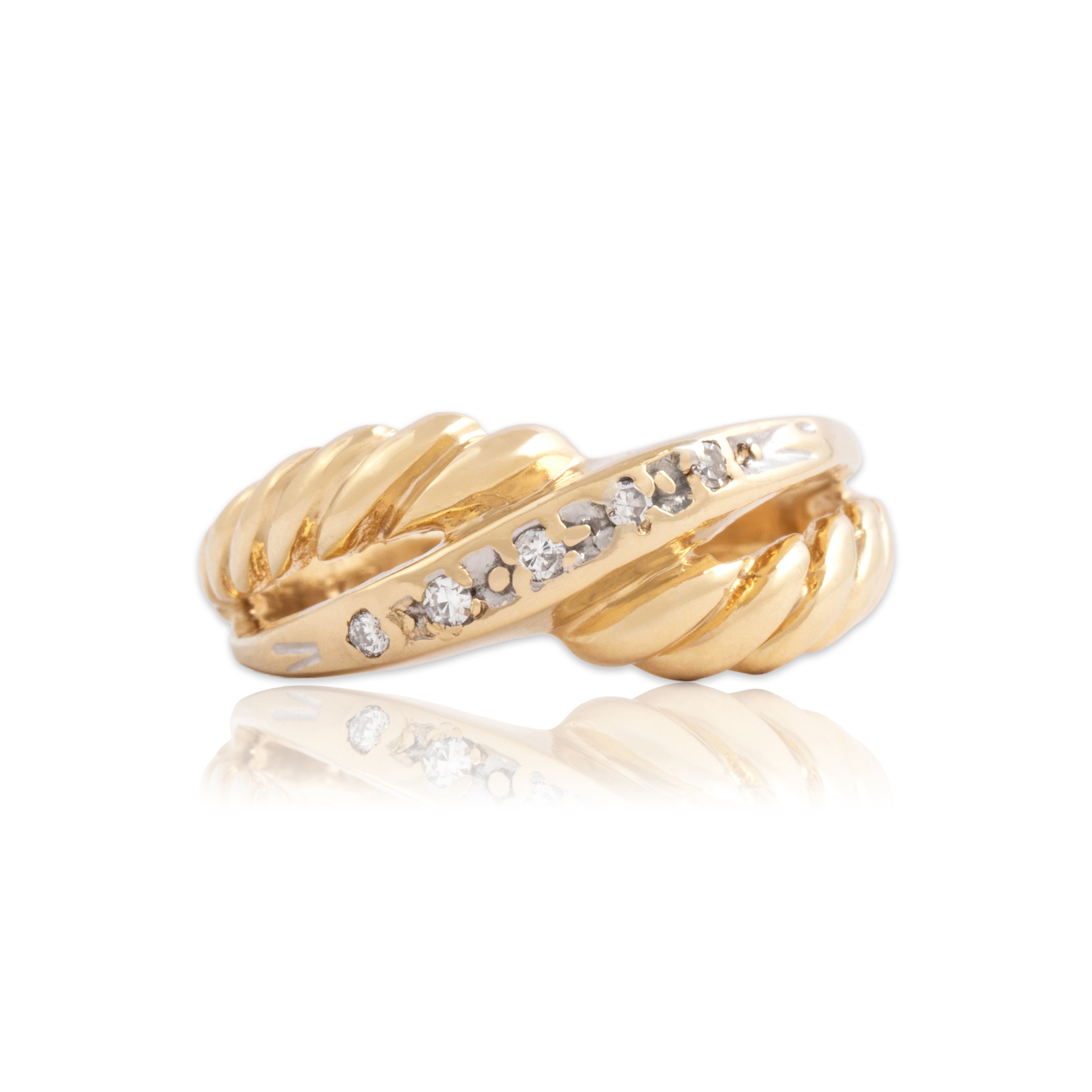 Vintage 14k Yellow Gold Diamond Wavy Roped Crossover Ring 6.75
