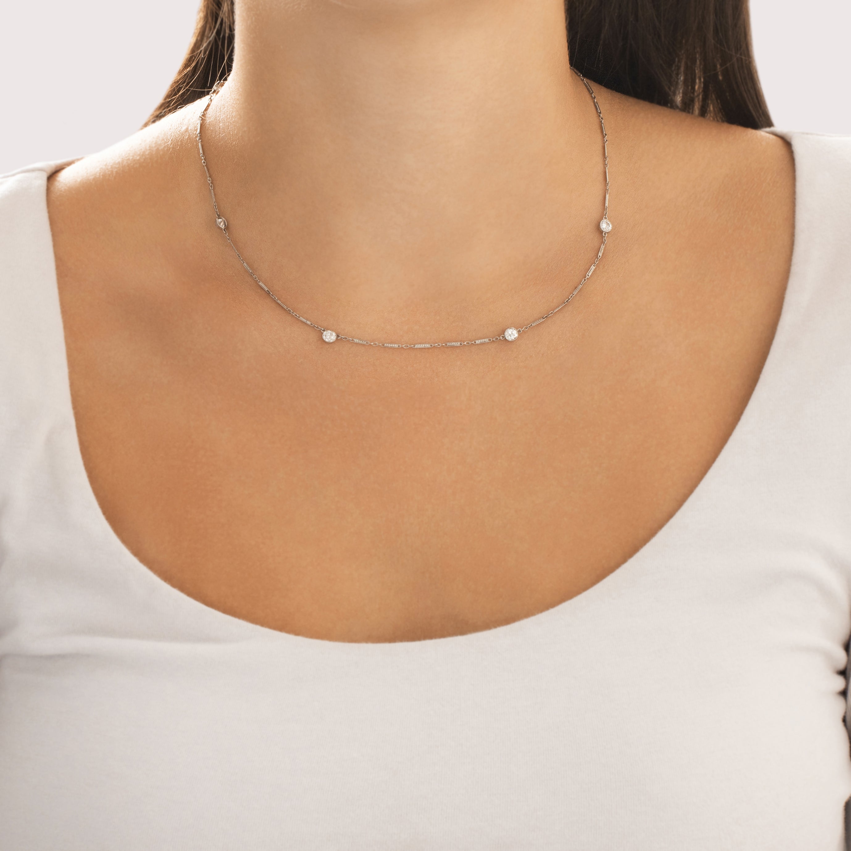 Antique Art Deco Platinum 1.11cttw Old European Cut Diamond Beautiful Bezel-Set Bar Link Station Necklace - On model view
