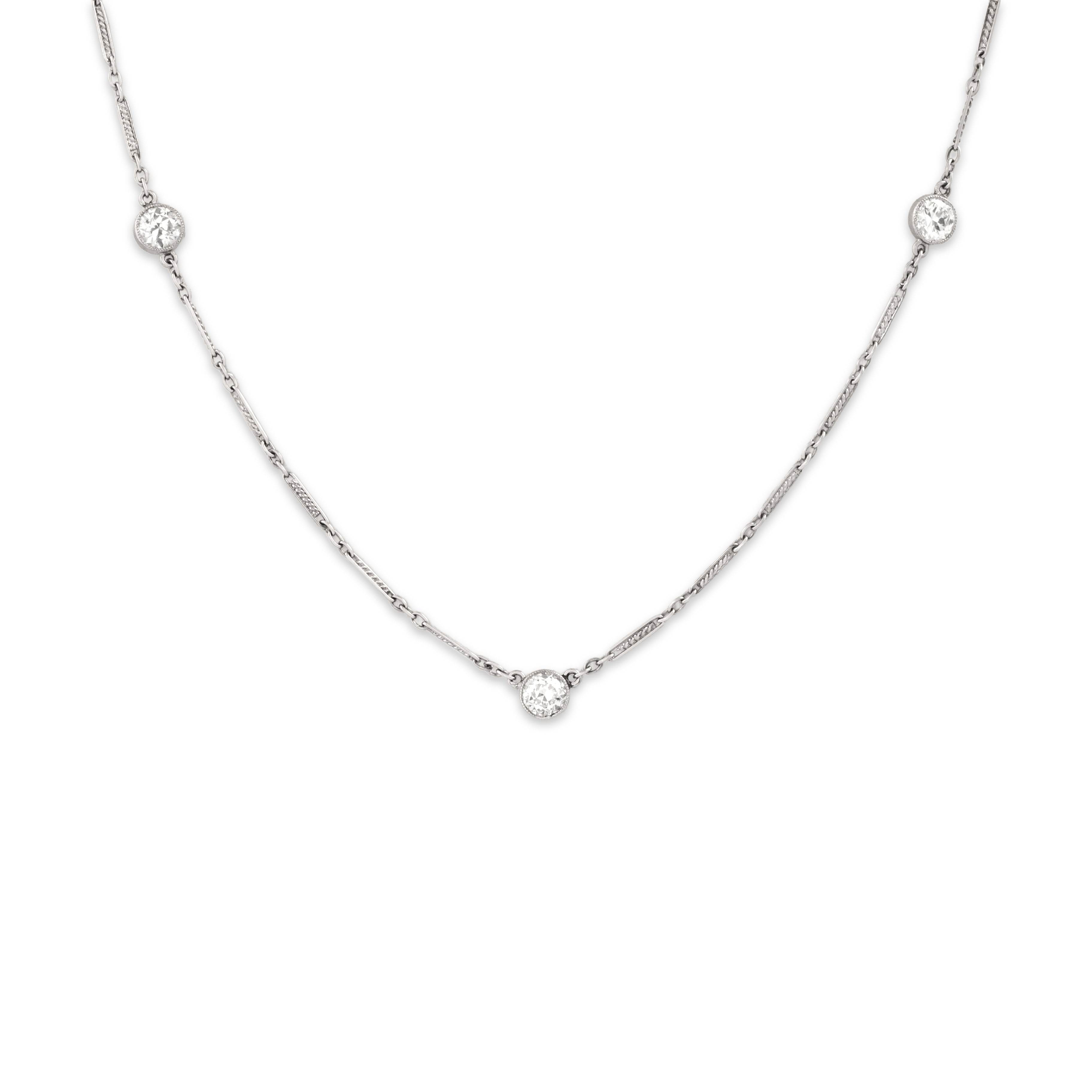 Antique Art Deco Platinum 1.11cttw Old European Cut Diamond Beautiful Bezel-Set Bar Link Station Necklace - detail view #1
