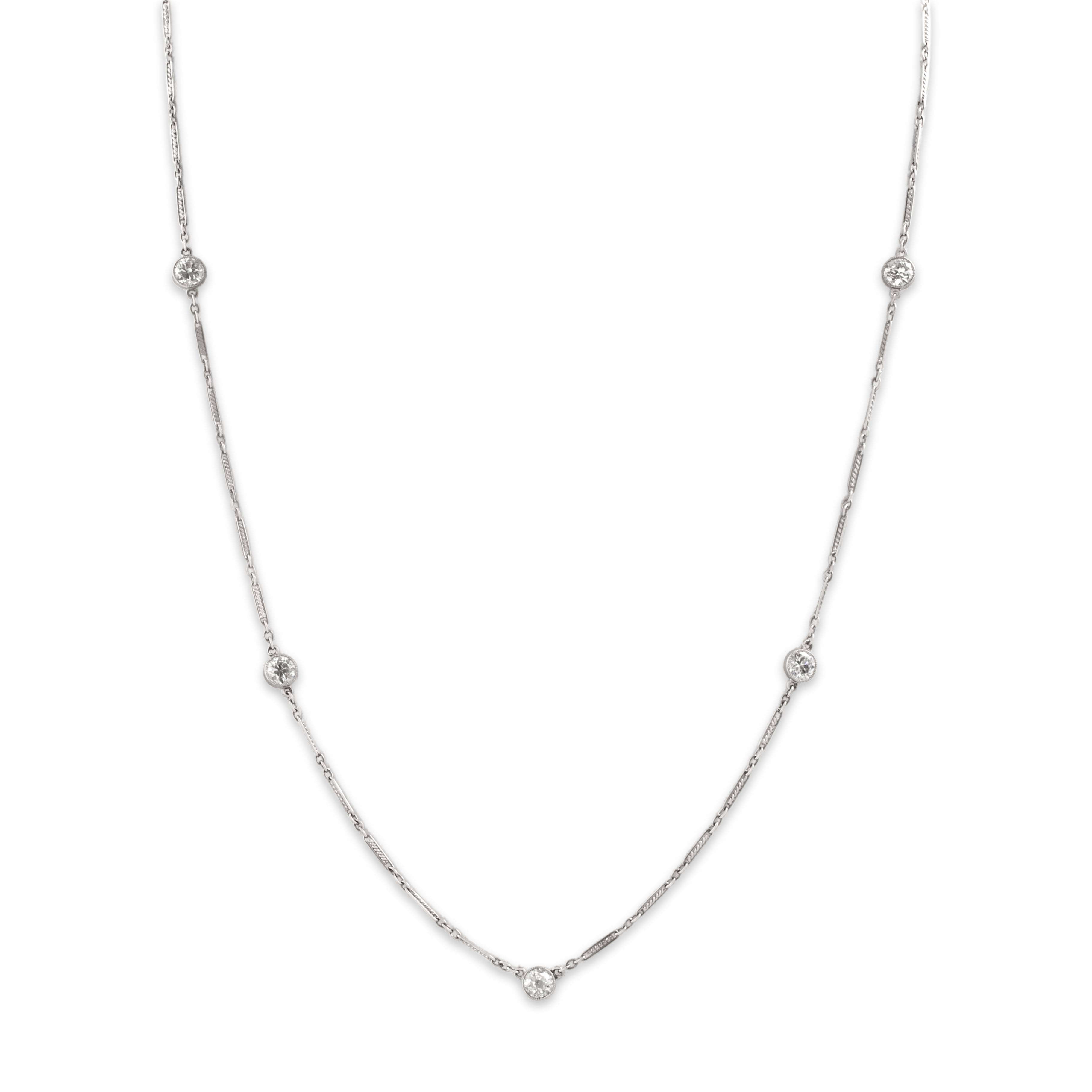 Antique Art Deco Platinum 1.11cttw Old European Cut Diamond Beautiful Bezel-Set Bar Link Station Necklace - detail view #2