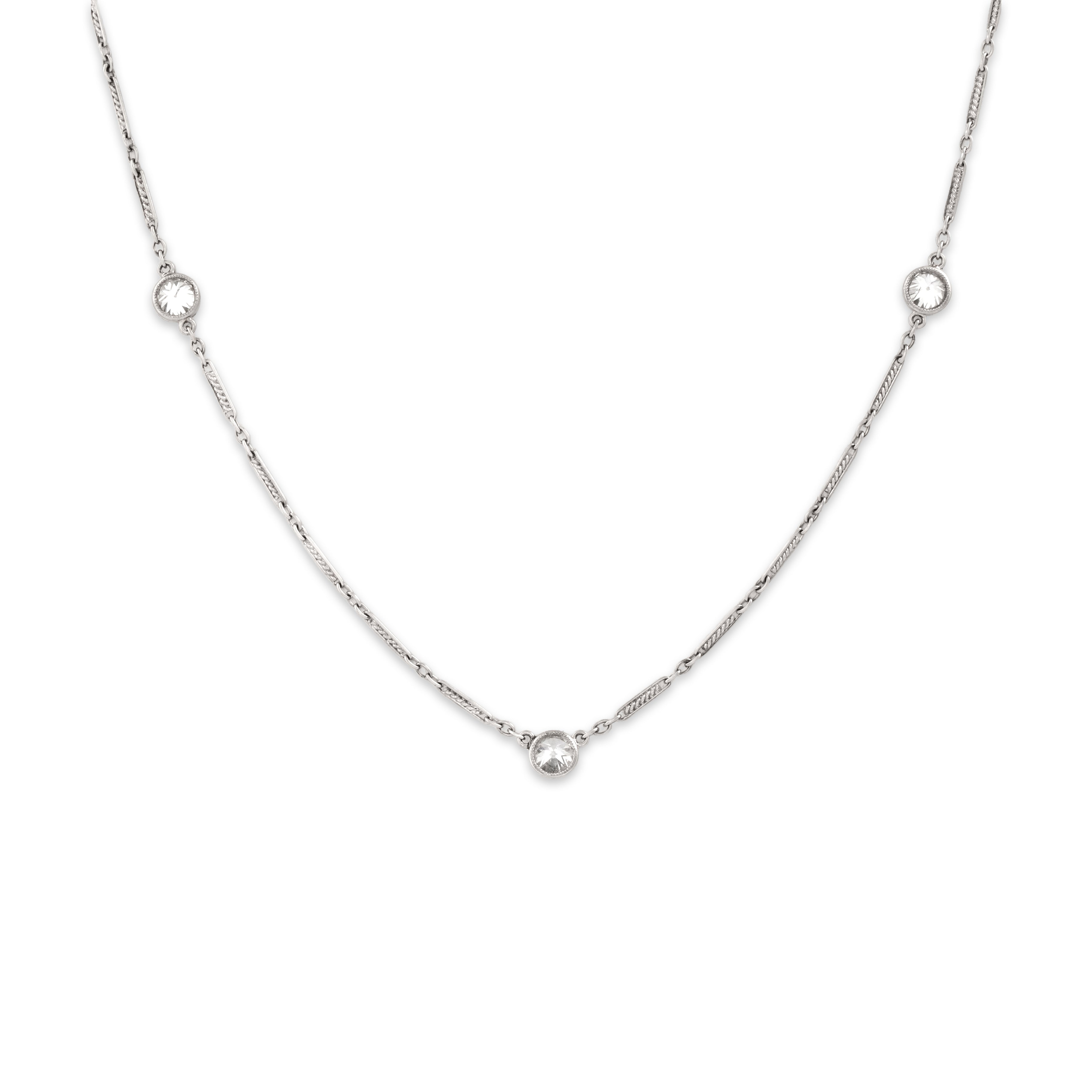Antique Art Deco Platinum 1.11cttw Old European Cut Diamond Beautiful Bezel-Set Bar Link Station Necklace - Close-up view