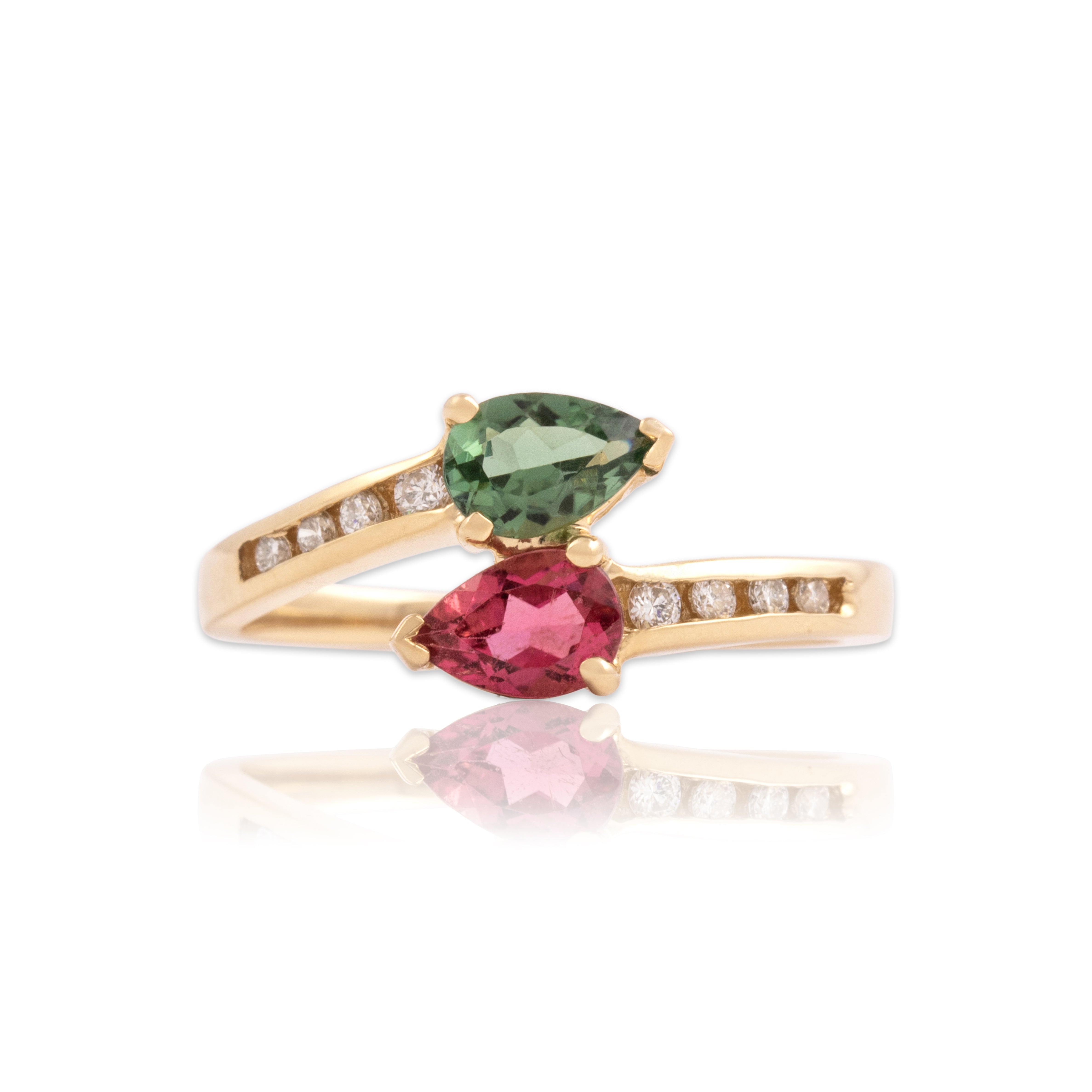 Vintage 14k Yellow Gold .71cttw Pink Green Tourmaline Diamond Wraparound Twin Pear Ring - Close-up view