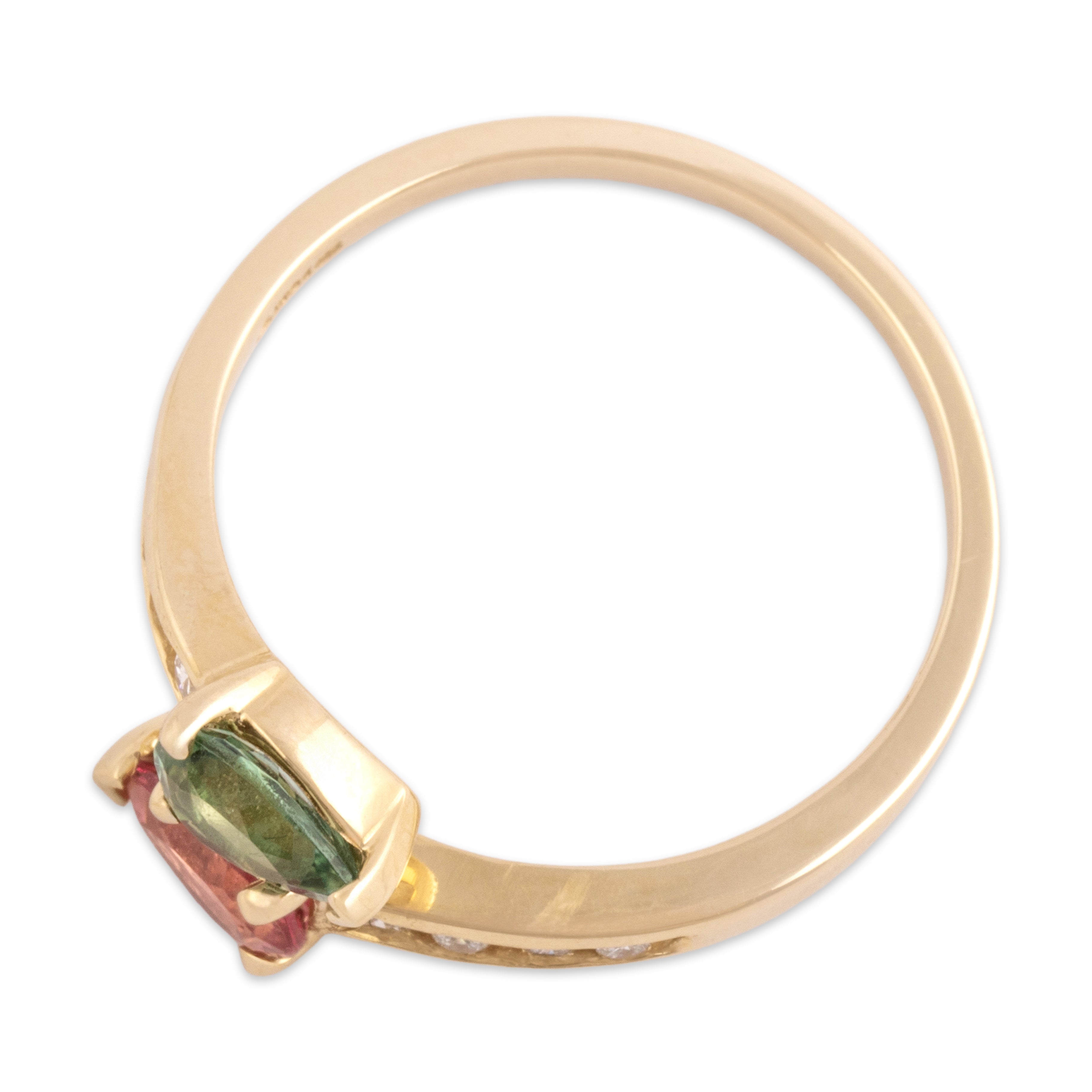 Vintage 14k Yellow Gold .71cttw Pink Green Tourmaline Diamond Wraparound Twin Pear Ring - Overall view