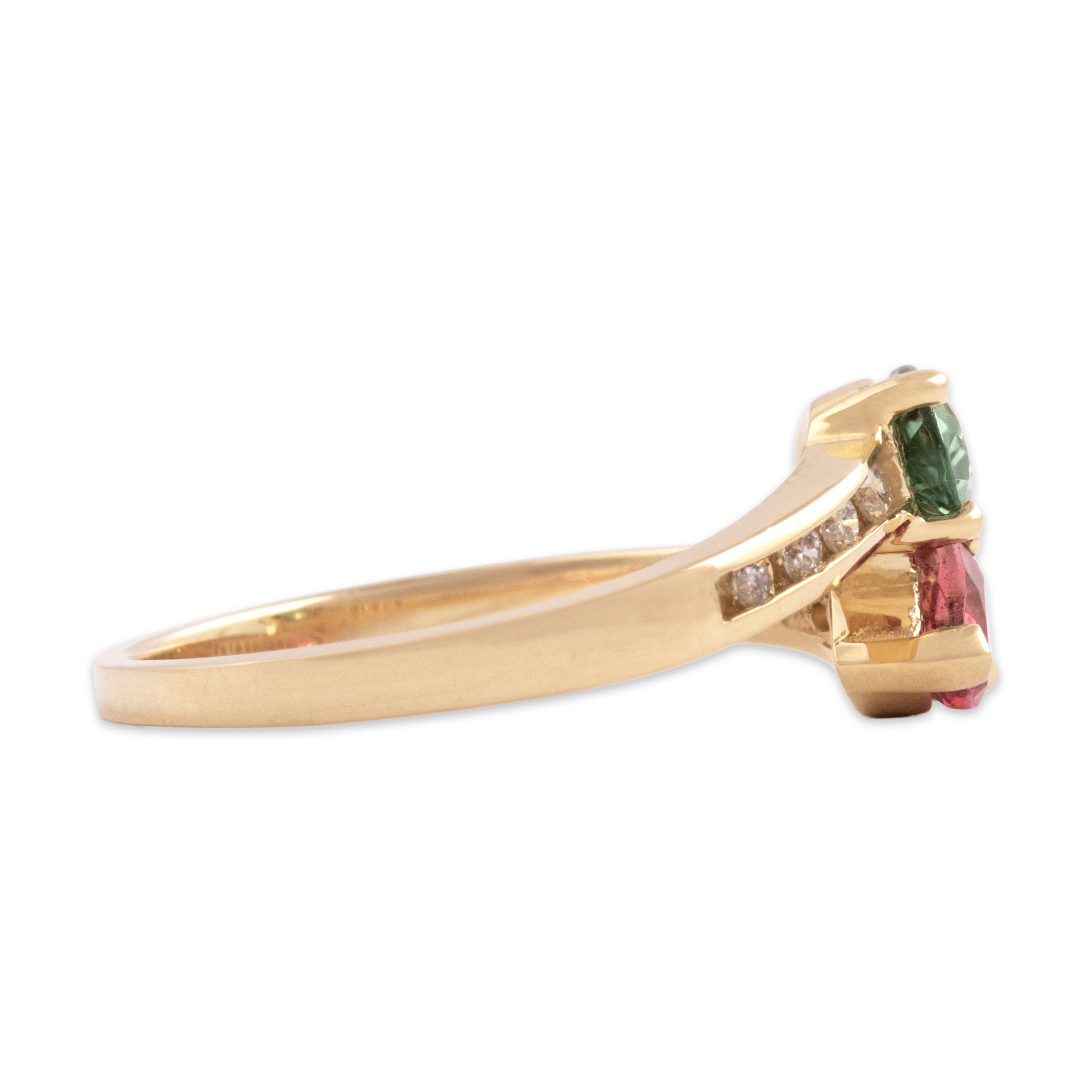 Vintage 14k Yellow Gold .71cttw Pink Green Tourmaline Diamond Wraparound Twin Pear Ring - Side view